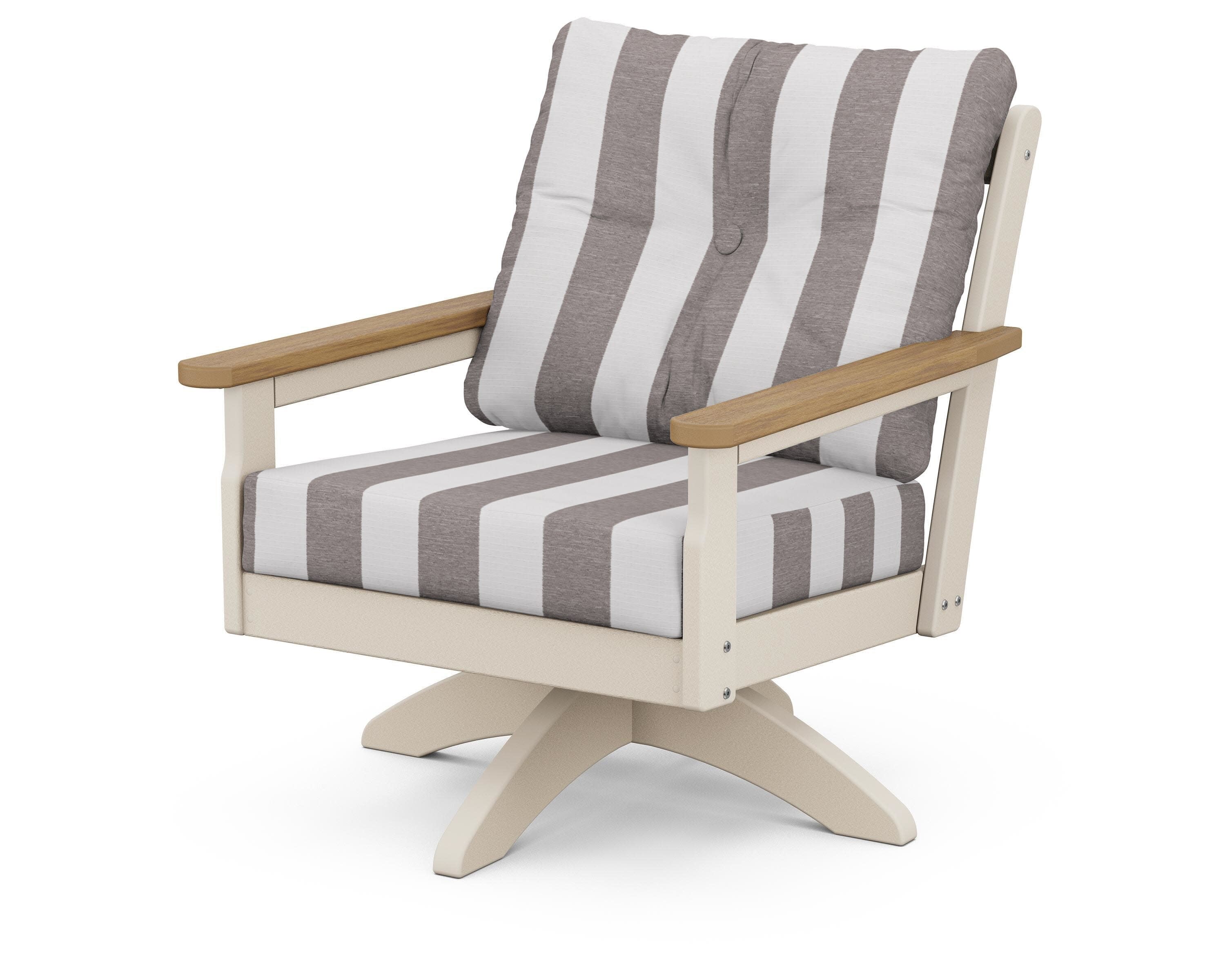 Vineyard Deep Seating Swivel Chair in Sand / Natural / Cabana Stripe Grey Mist