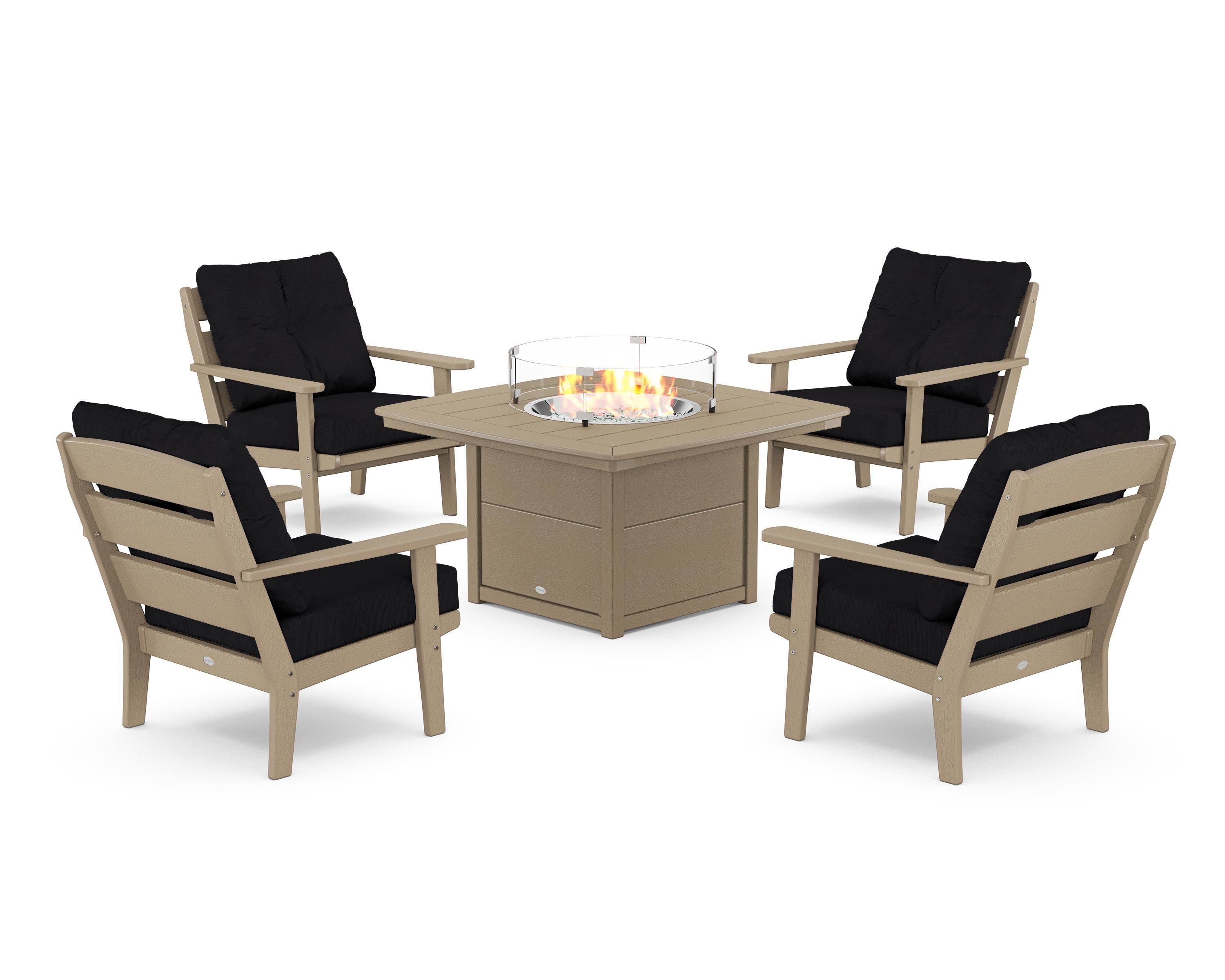 Lakeside 5-Piece Deep Seating Set with Nautical Fire Pit Table in Vintage Sahara / Midnight Linen