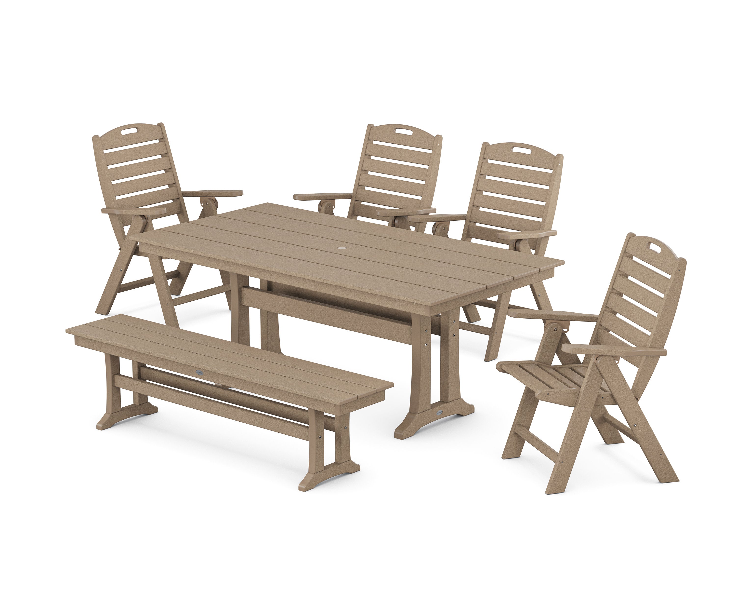 Nautical Highback 6-Piece Farmhouse Dining Set with Trestle Legs and Bench in Vintage Sahara