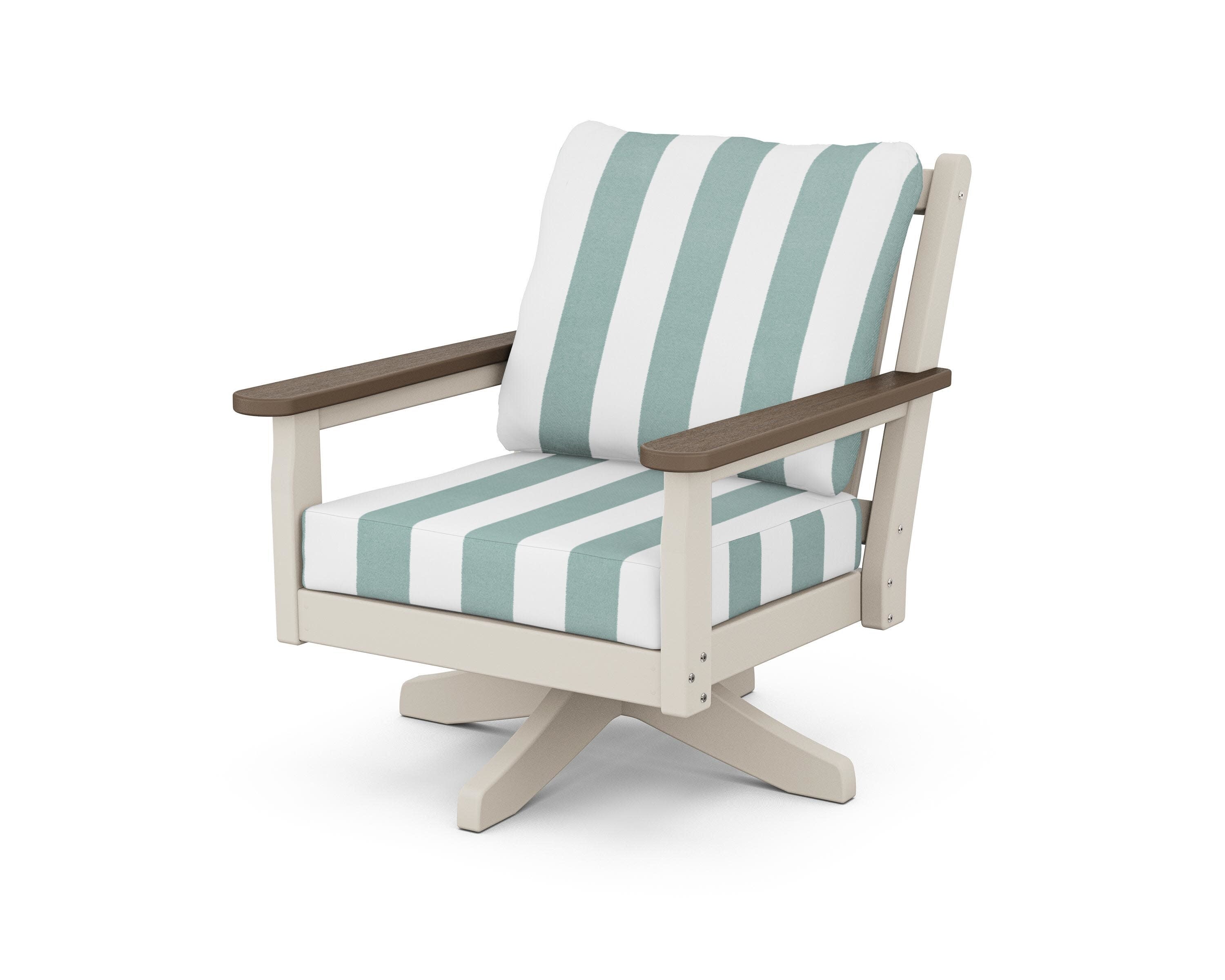 Chippendale Deep Seating Swivel Chair in Sand / Kona / Cabana Stripe Glacier Spa