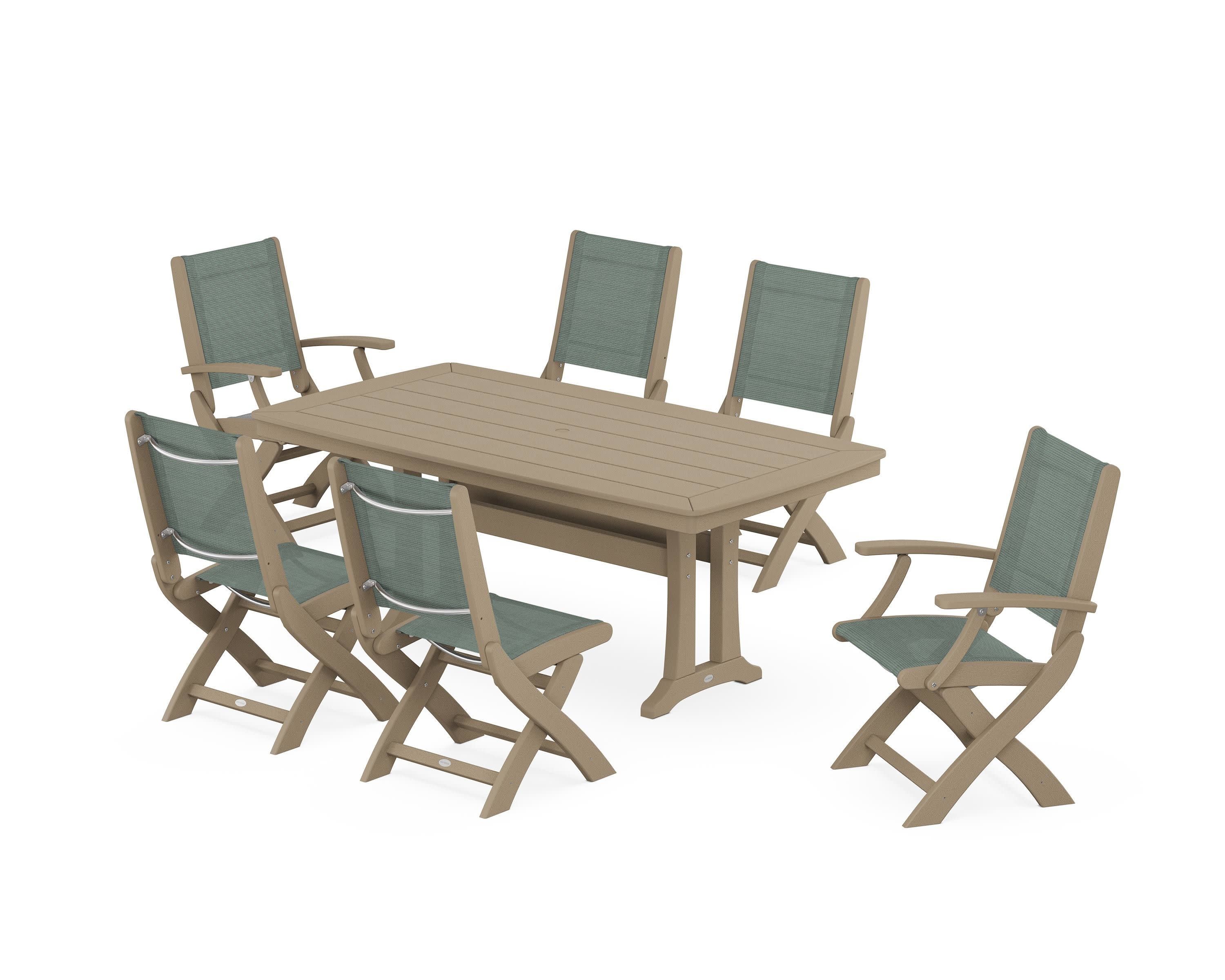 Coastal Folding Chair 7-Piece Dining Set with Trestle Legs in Vintage Sahara / Dupioni Sea Mist Sling