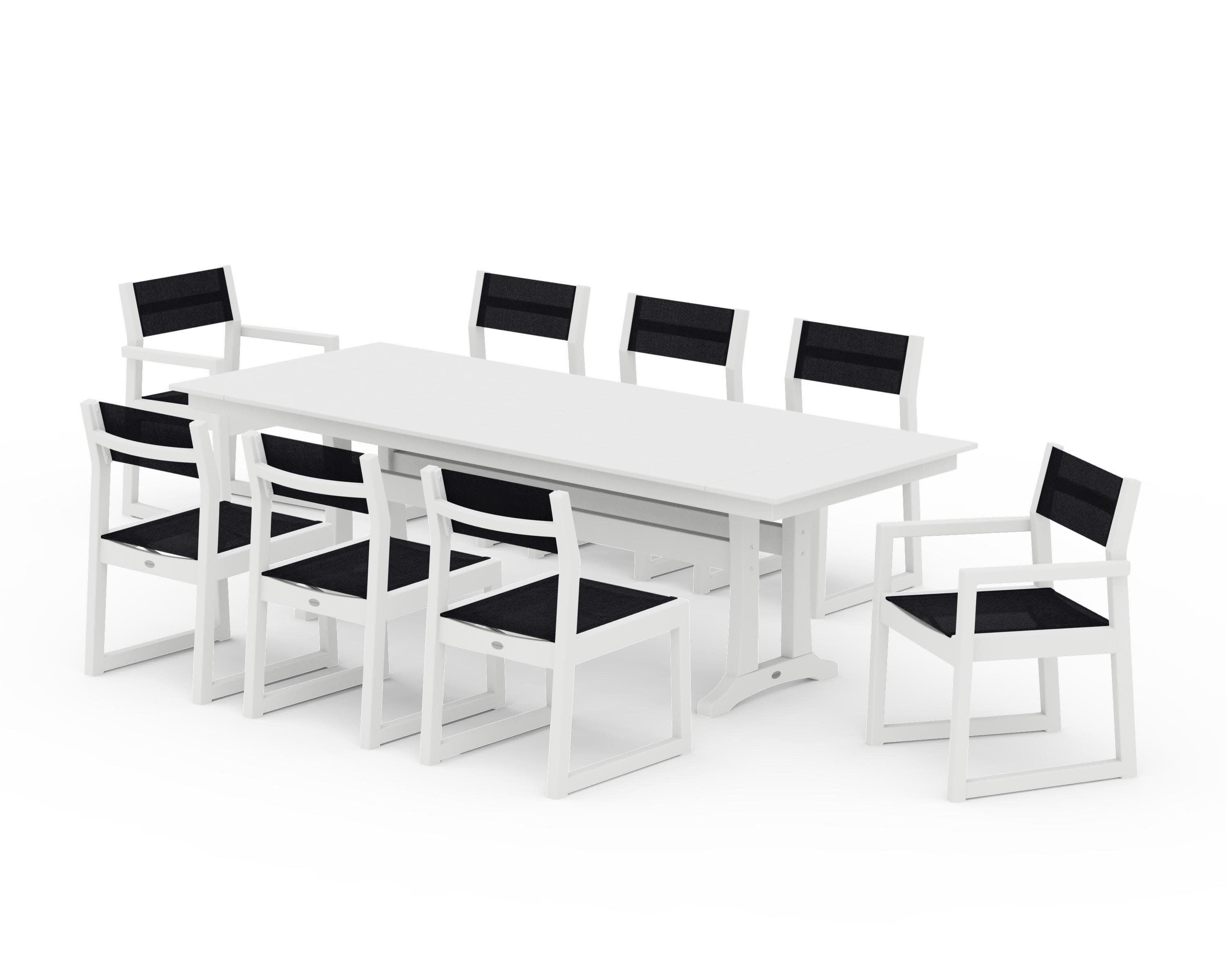 EDGE Sling 9-Piece Farmhouse Trestle Dining Set in White / Black Sling