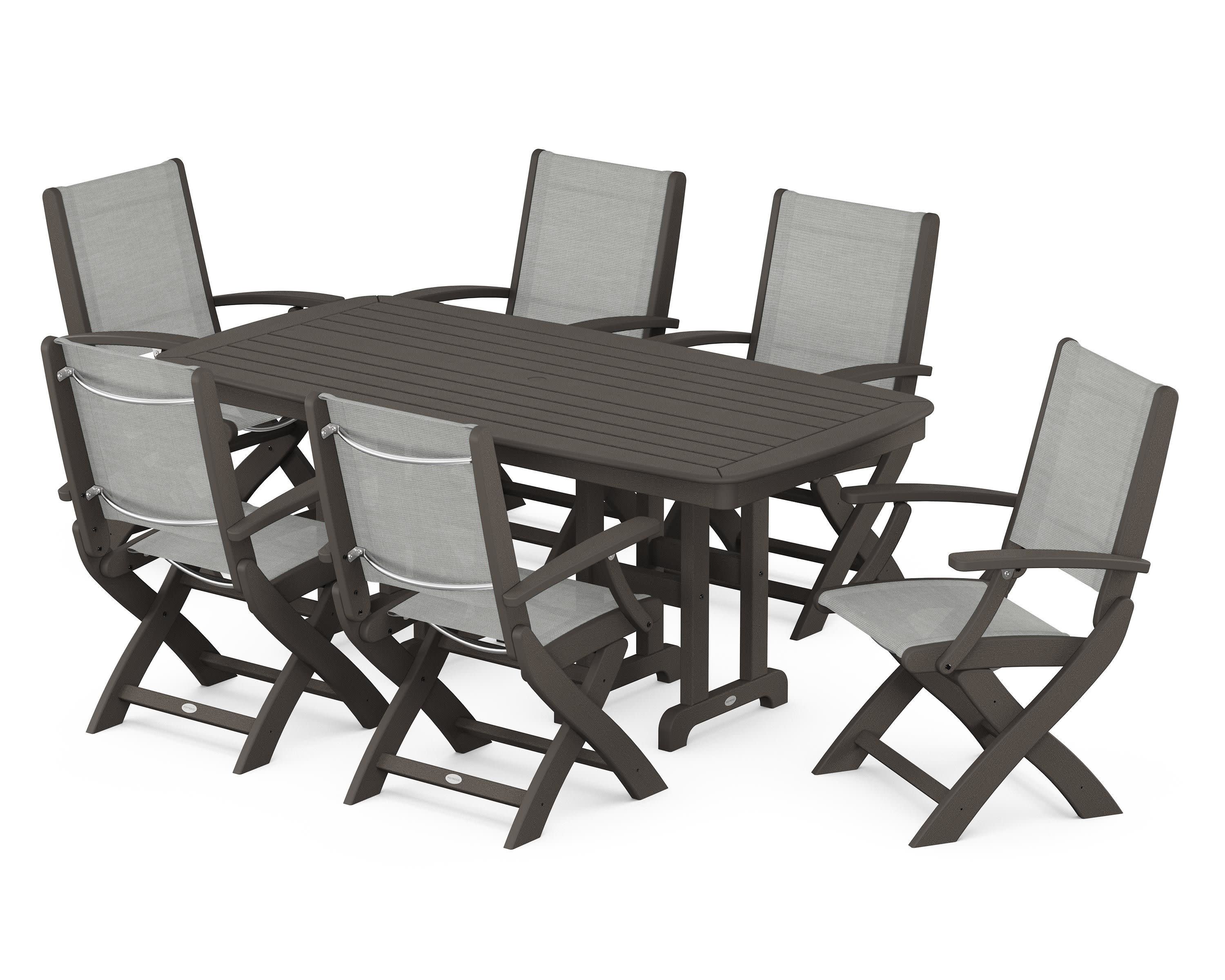 Coastal Folding Arm Chair 7-Piece Dining Set in Vintage Coffee / Metallic Sling