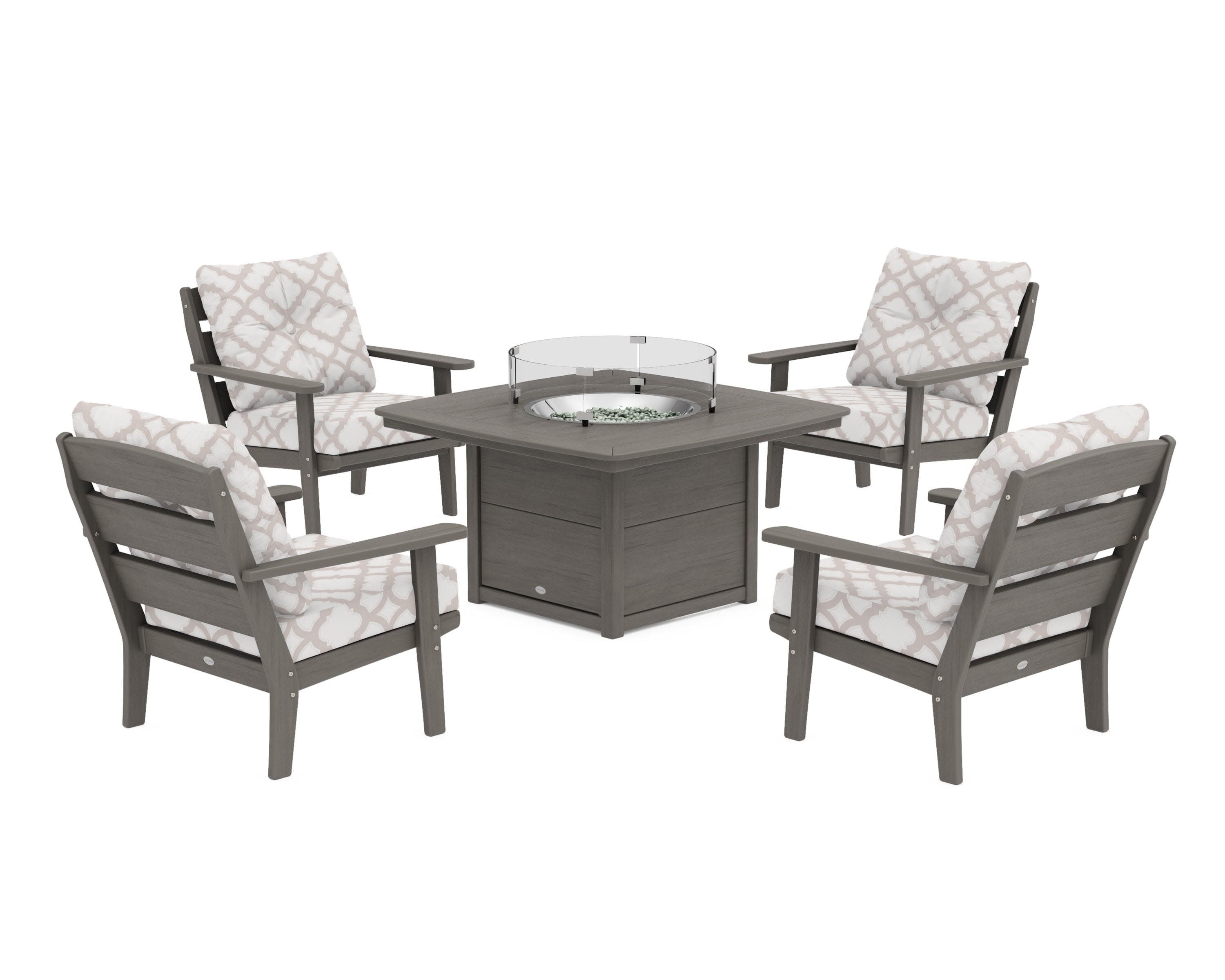 Lakeside 5-Piece Deep Seating Set with Nautical Fire Pit Table in Driftwood / Trellis Dune Burlap