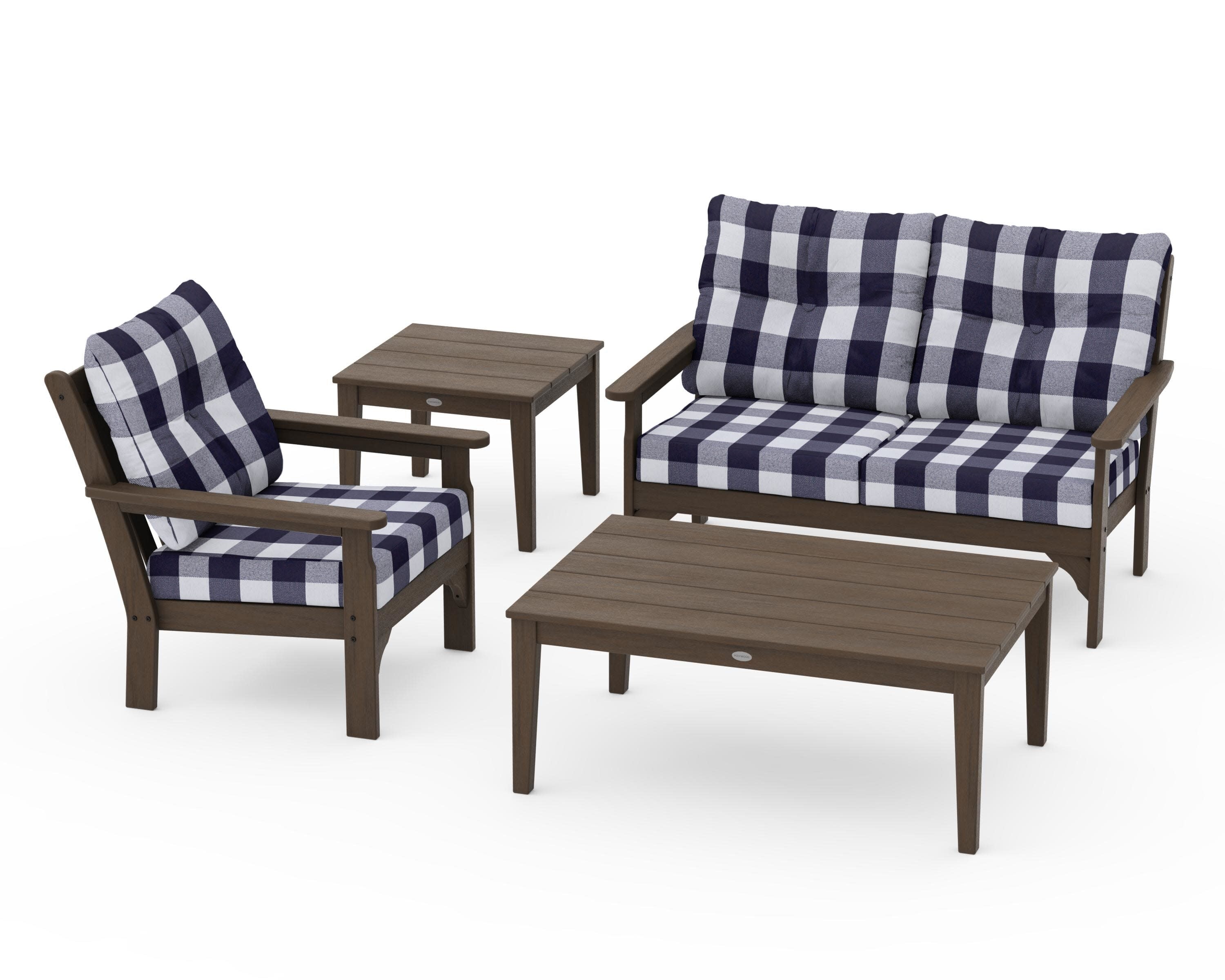 Vineyard 4-Piece Deep Seating Set in Kona / Buffalo Plaid Navy