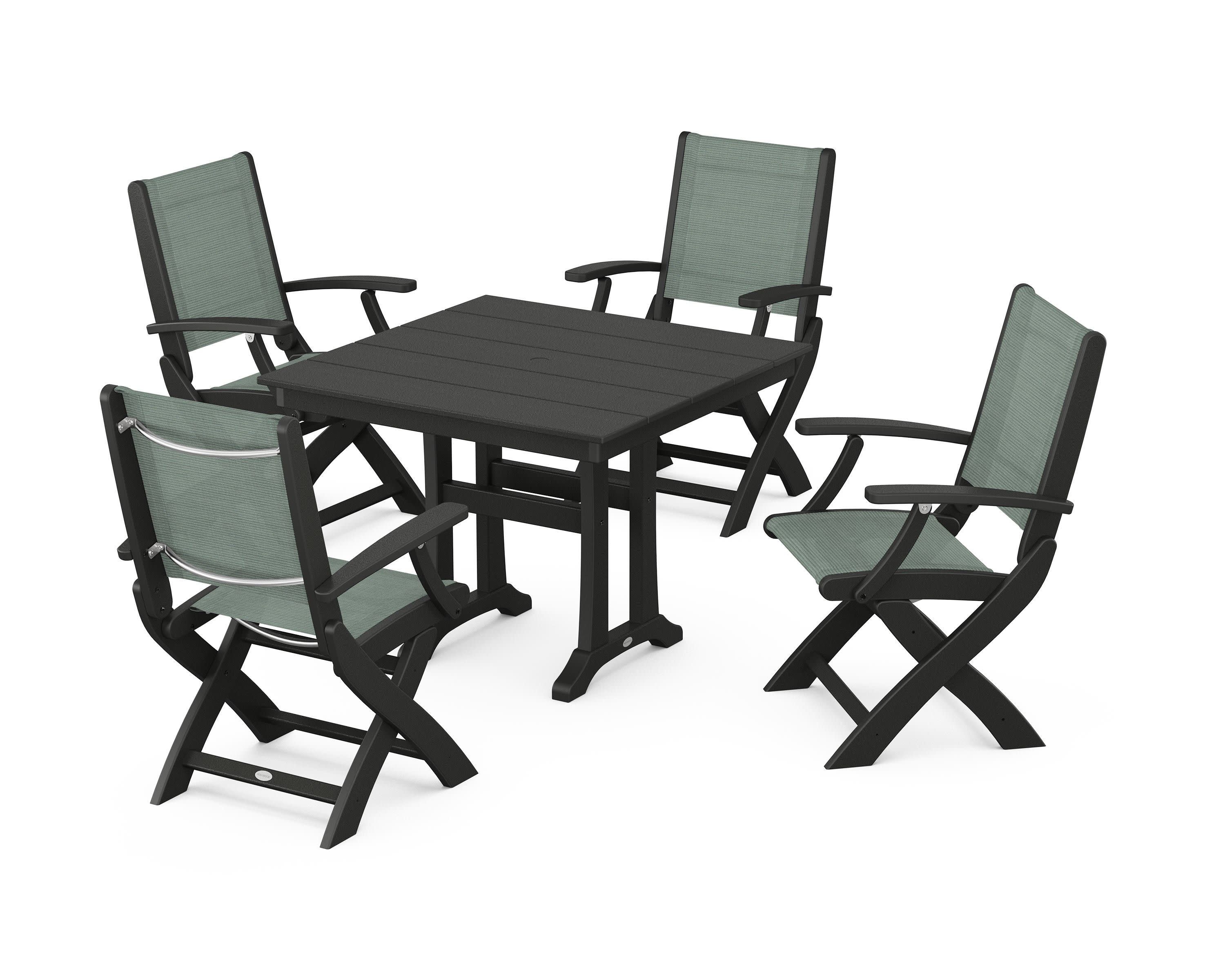 Coastal Folding Chair 5-Piece Farmhouse Dining Set With Trestle Legs in Black / Dupioni Sea Mist Sling