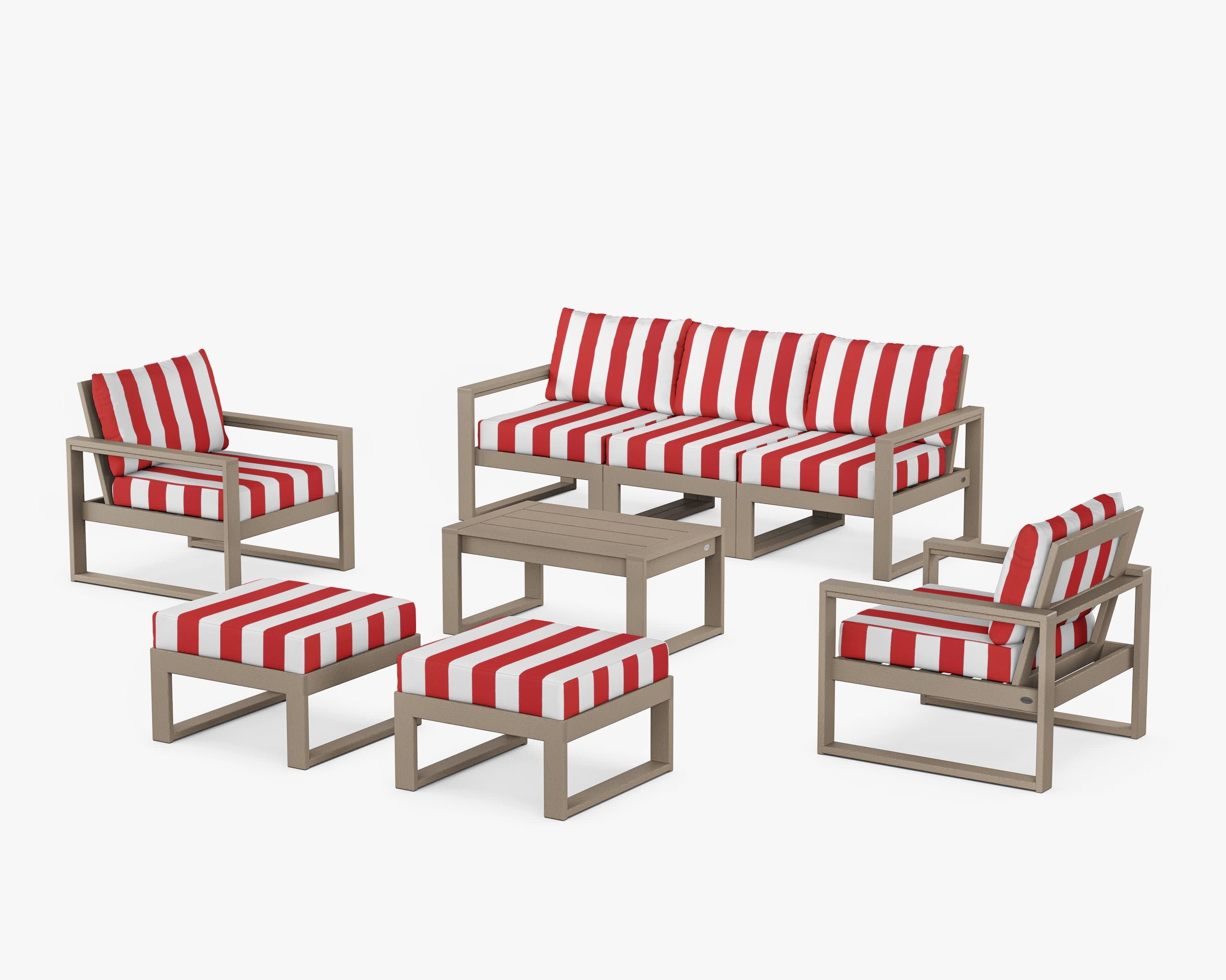 EDGE Sectional 8-Piece Lounge Sofa Set in Vintage Sahara / Cabana Stripe Crimson
