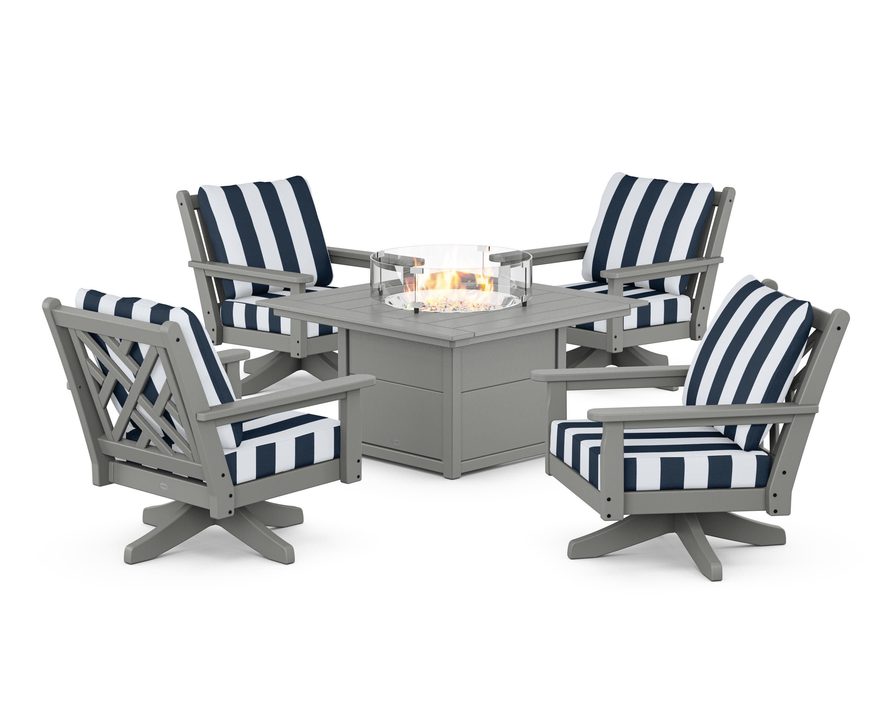 Chippendale 5-Piece Deep Seating Swivel Conversation Set with Fire Pit Table in Slate Grey / Cabana Stripe Marine Indigo