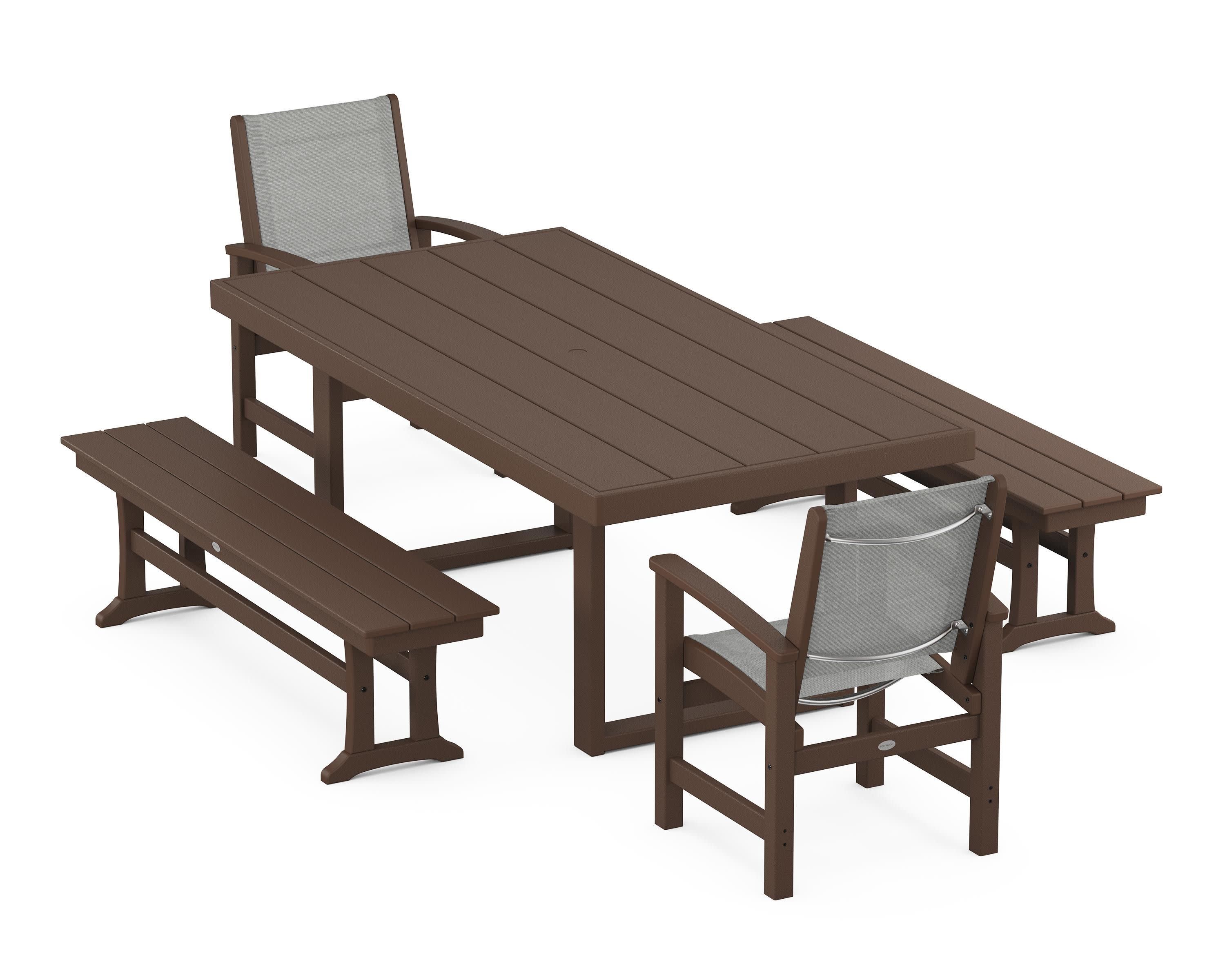 Coastal 5-Piece Dining Set with Trestle Legs in Mahogany / Metallic Sling