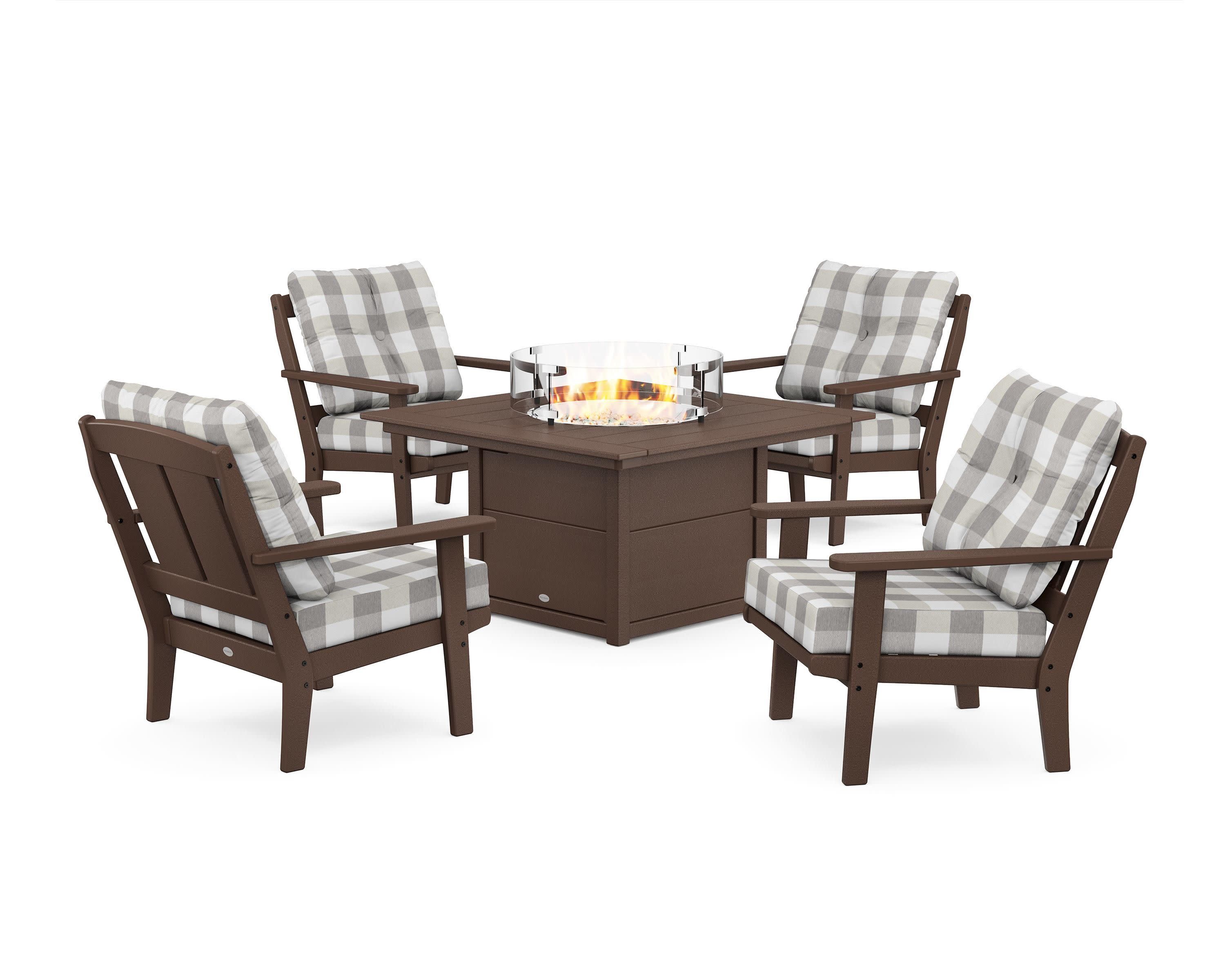 Mission 5-Piece Deep Seating Set with Fire Pit Table in Mahogany / Buffalo Plaid Grey Mist
