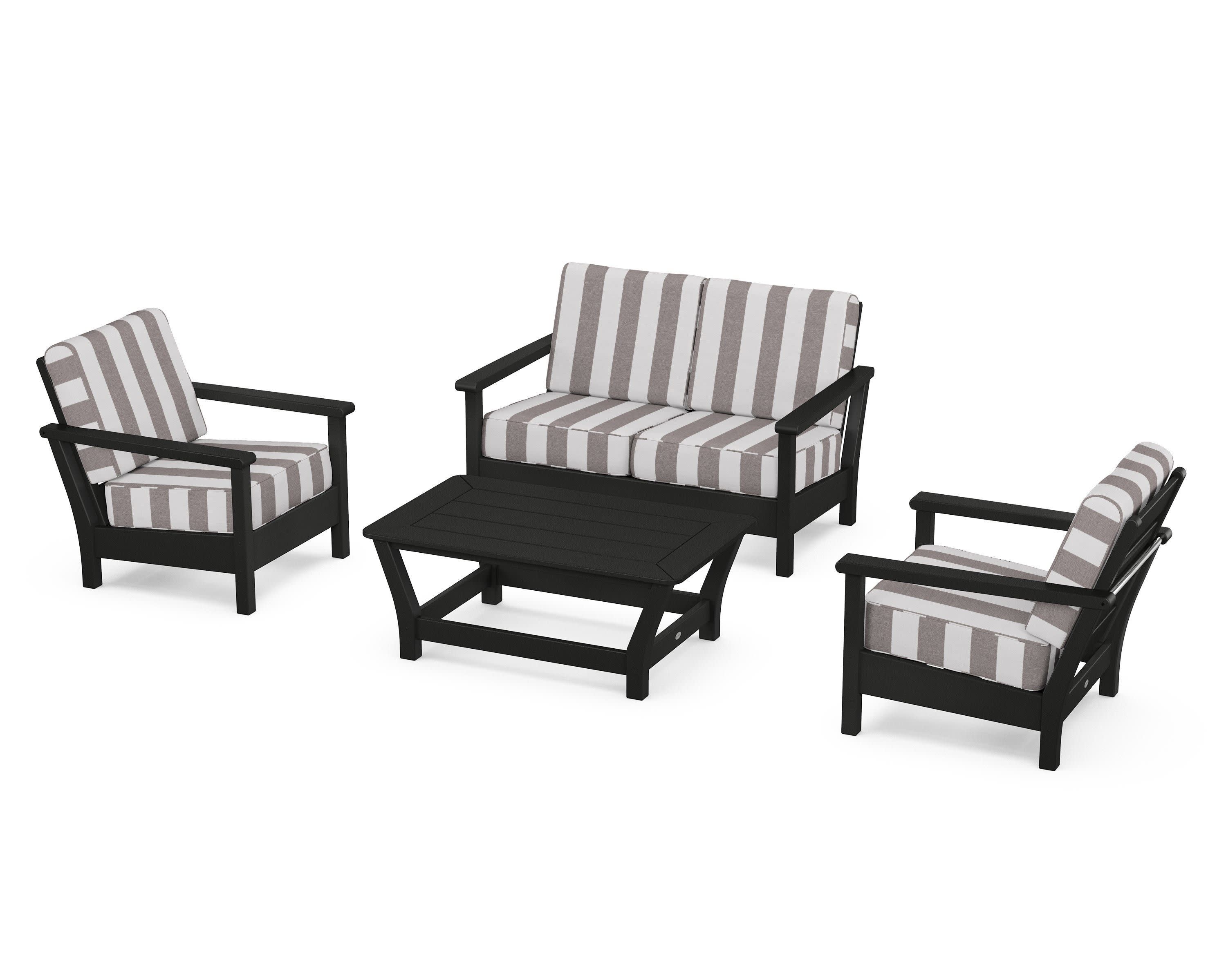 Harbour 4-Piece Deep Seating Set in Black / Cabana Stripe Grey Mist