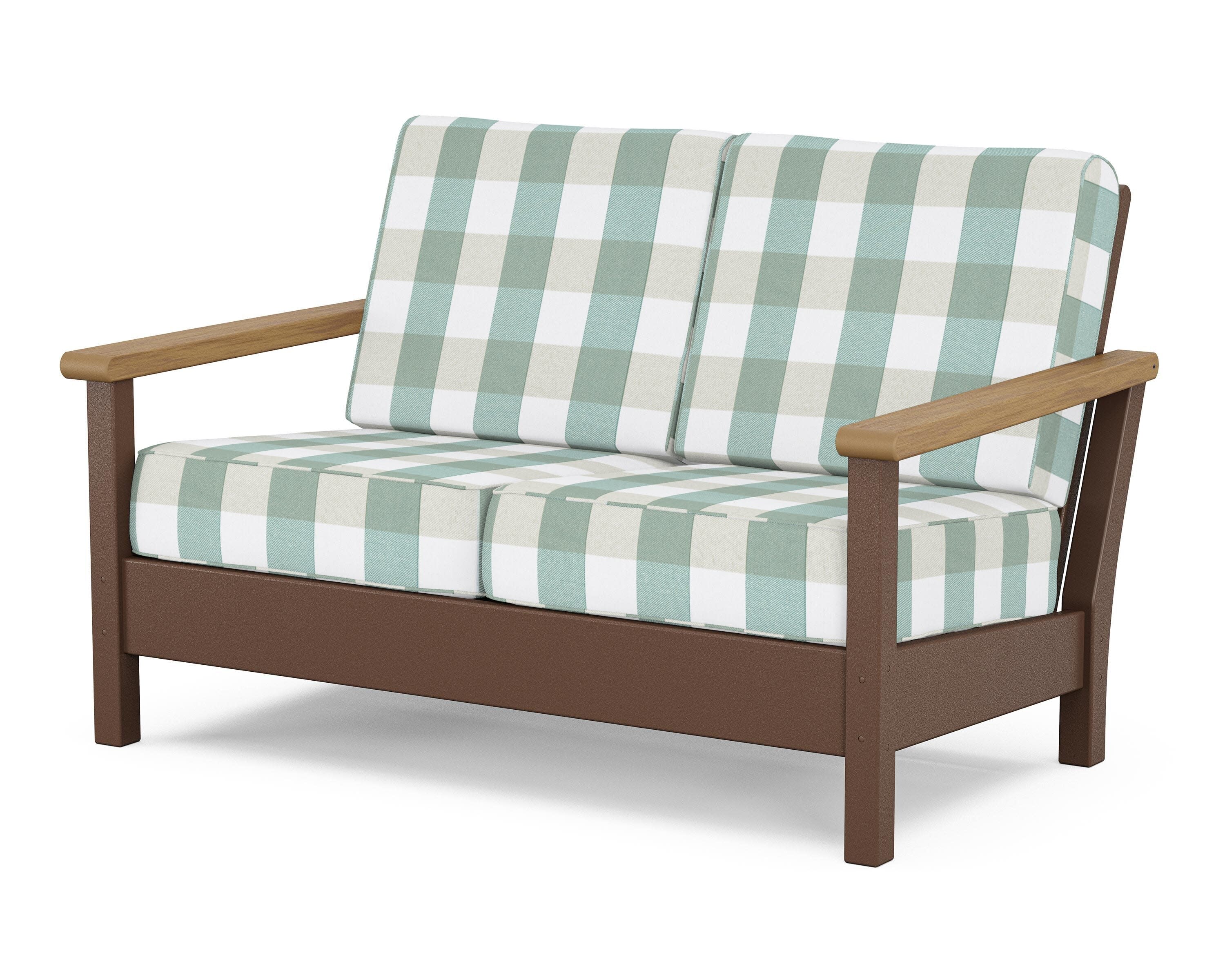 Harbour Deep Seating Loveseat in Mahogany / Natural / Buffalo Plaid Glacier Spa