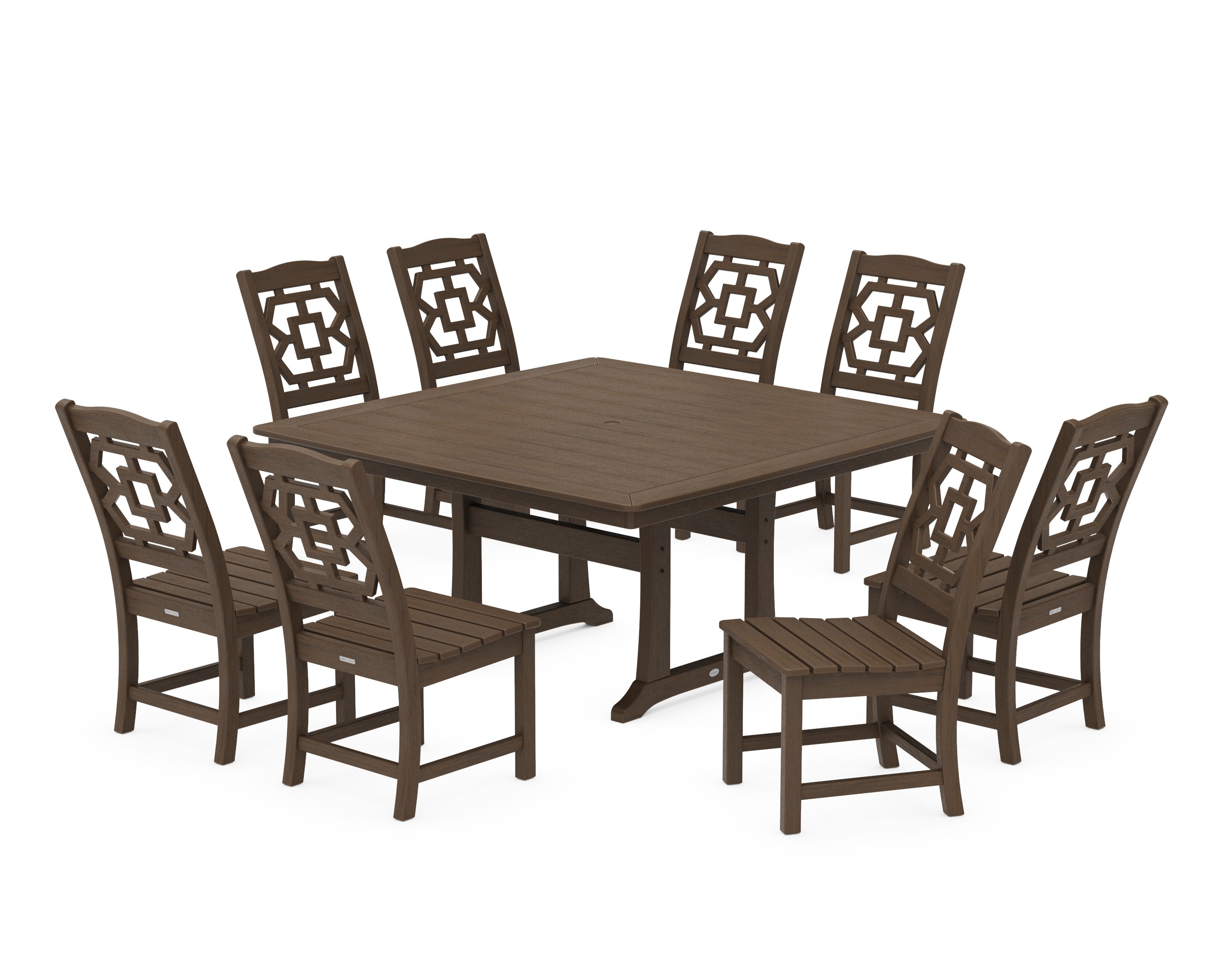Chinoiserie 9-Piece Square Side Chair Dining Set with Trestle Legs in Kona