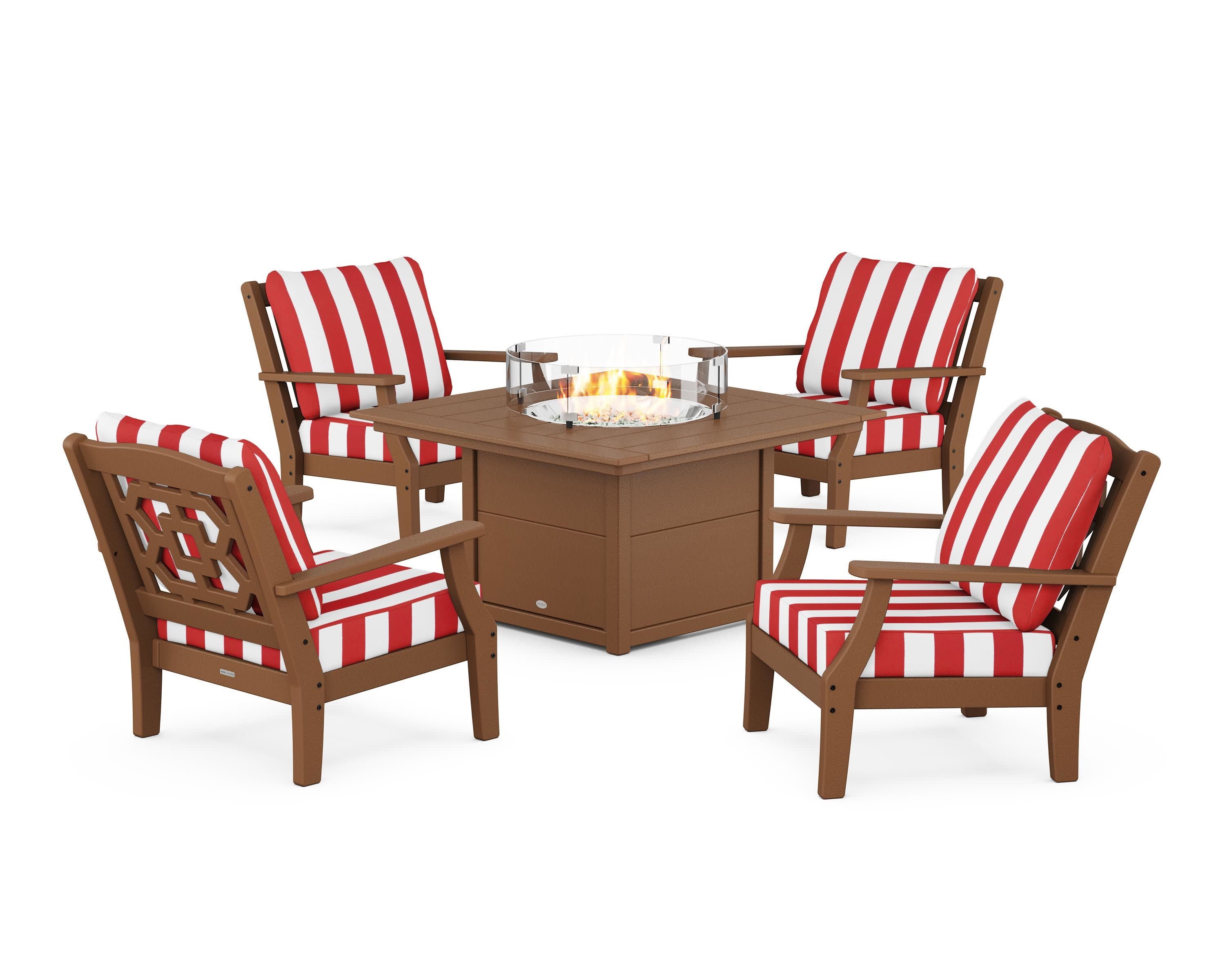 Chinoiserie 5-Piece Deep Seating Set with Fire Pit Table in Teak / Cabana Stripe Crimson