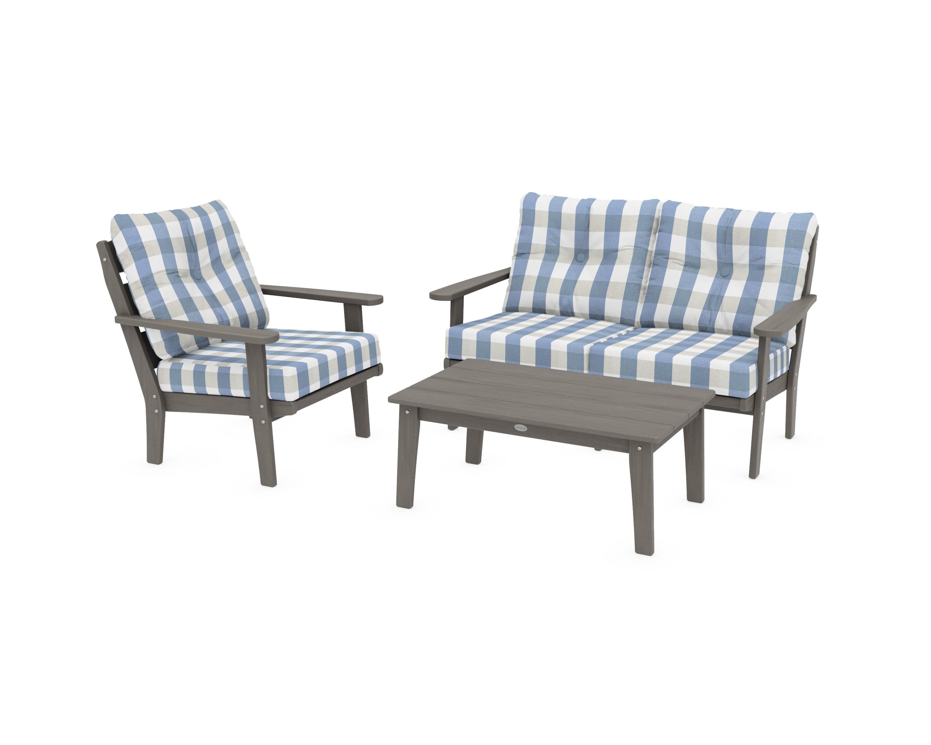 Lakeside 3-Piece Deep Seating Set in Driftwood / Buffalo Plaid Sky Blue