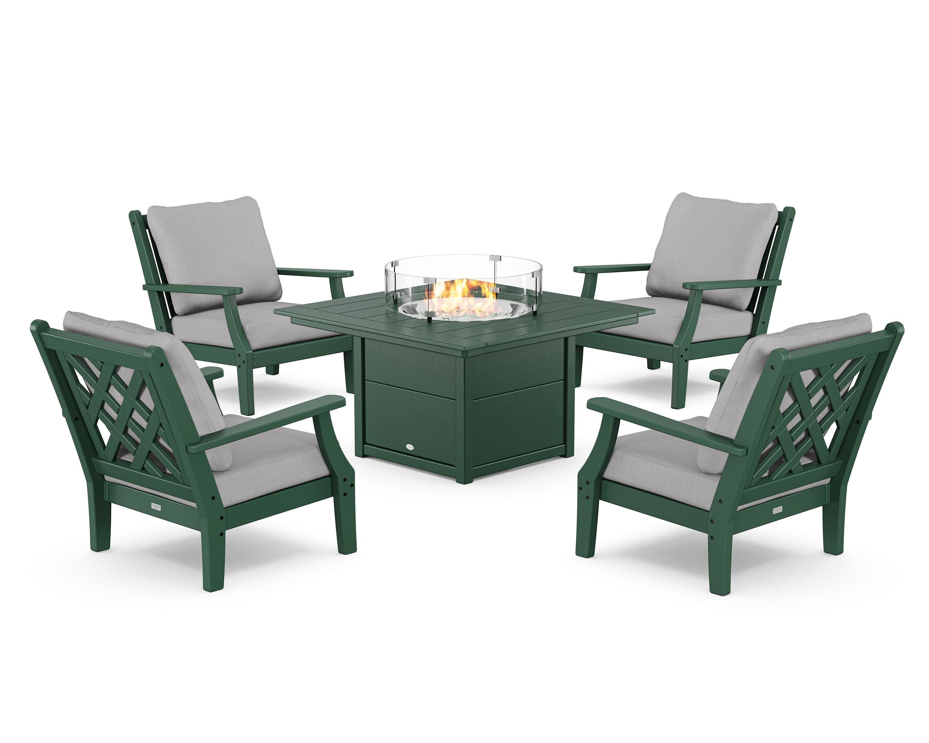 Wovendale 5-Piece Deep Seating Set with Fire Pit Table in Green / Granite