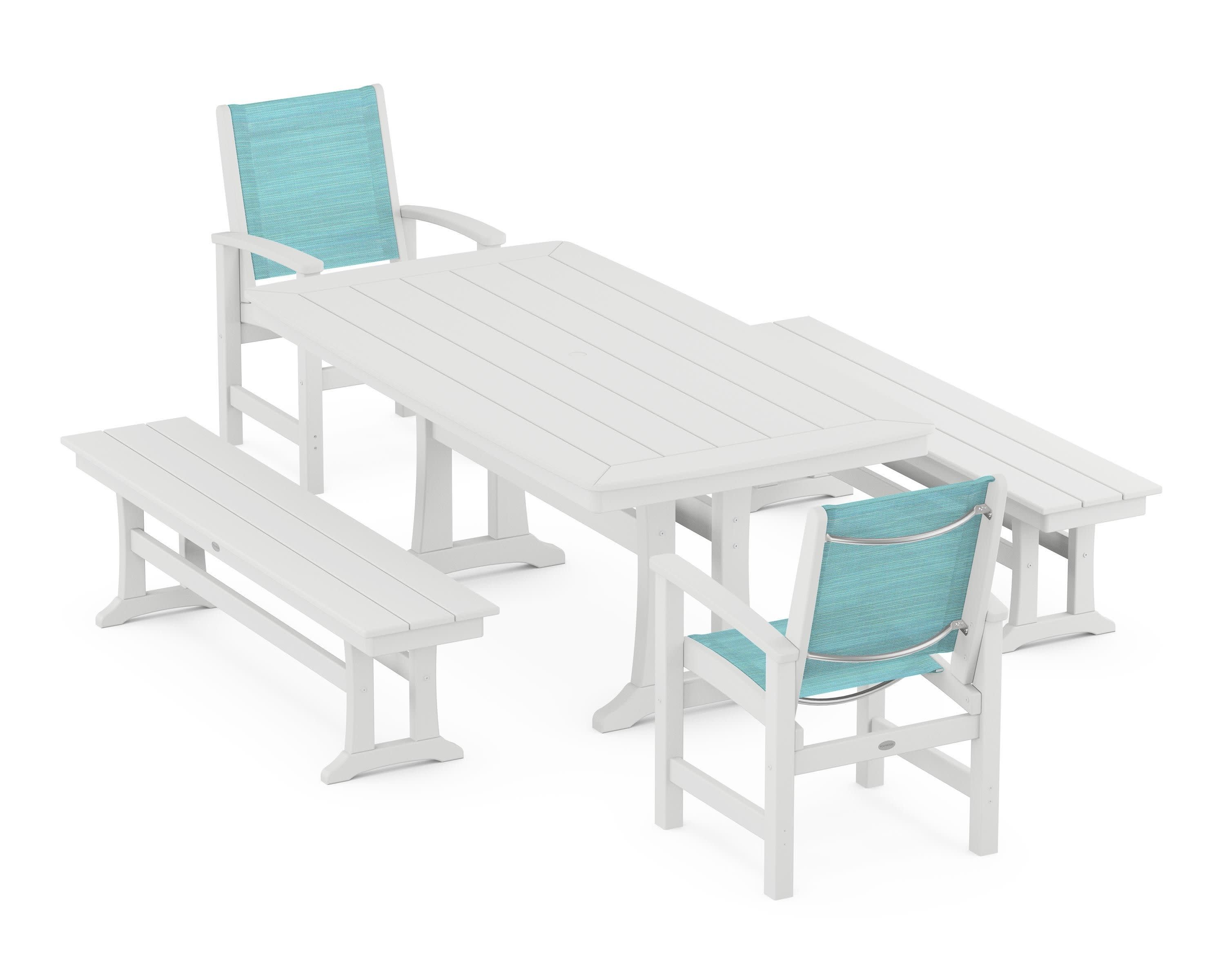Coastal 5-Piece Dining Set with Trestle Legs and Benches in White / Dupioni Aquamarine Sling