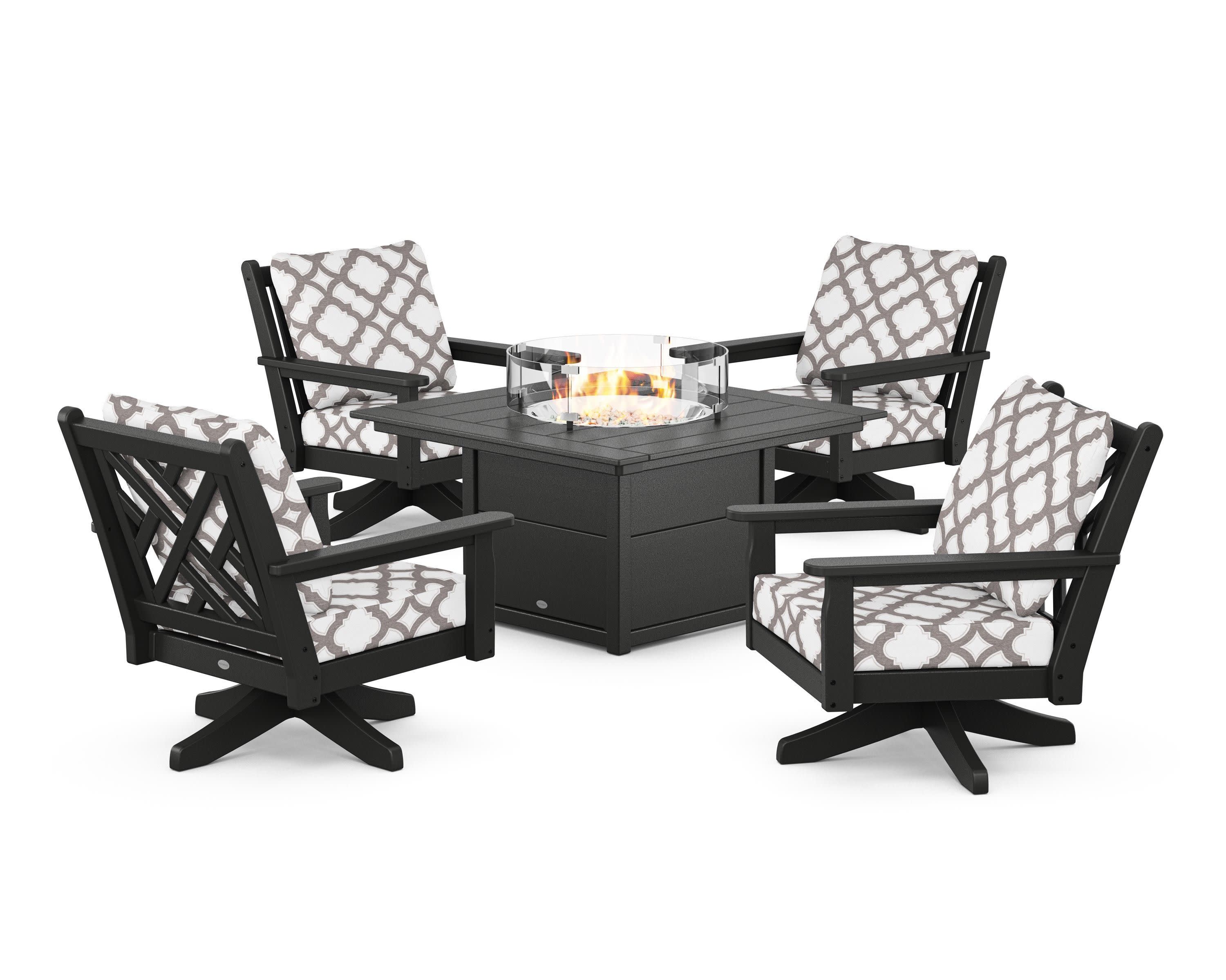 Chippendale 5-Piece Deep Seating Swivel Conversation Set with Fire Pit Table in Black / Trellis Grey Mist
