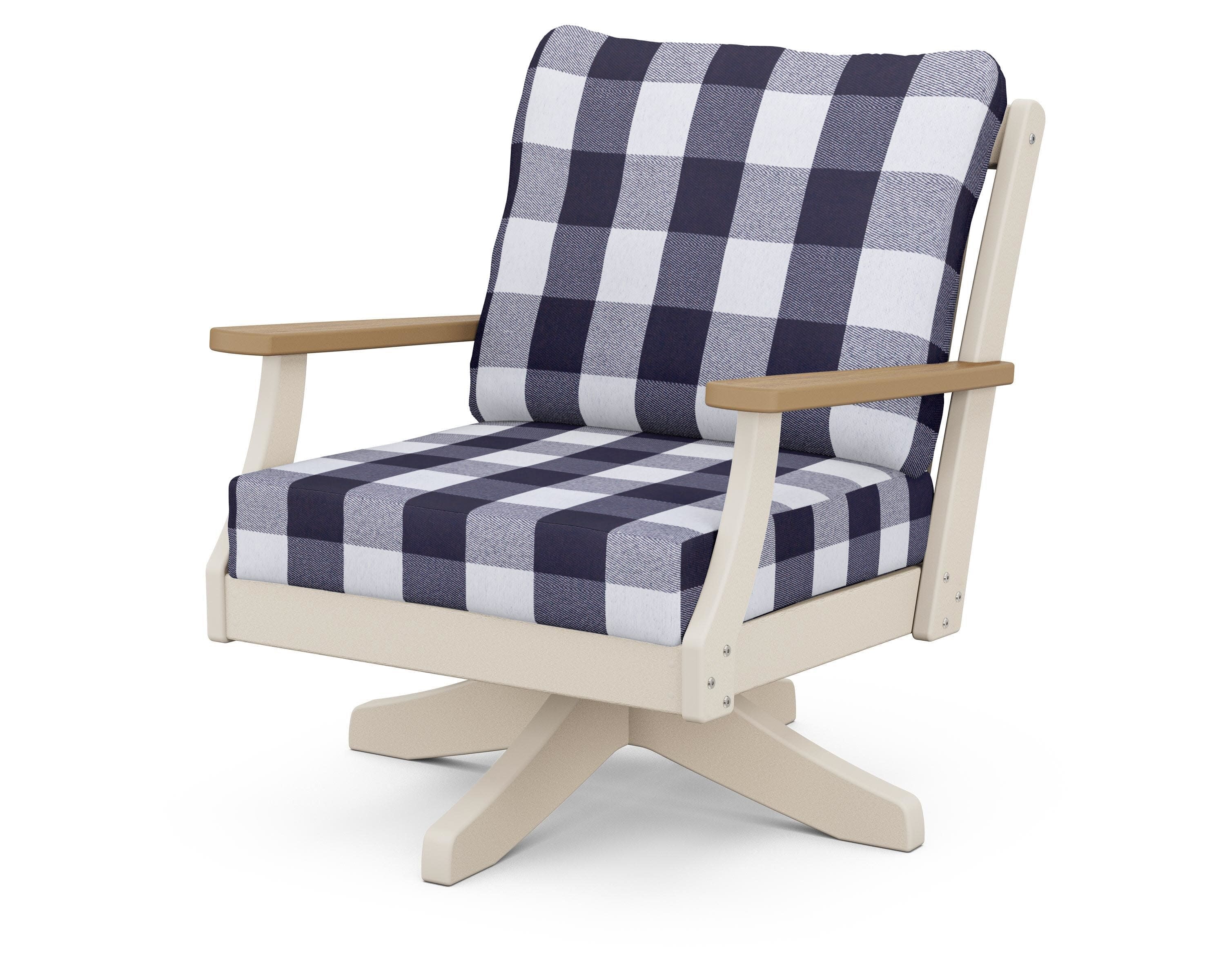 Braxton Deep Seating Swivel Chair in Sand / Natural / Buffalo Plaid Navy