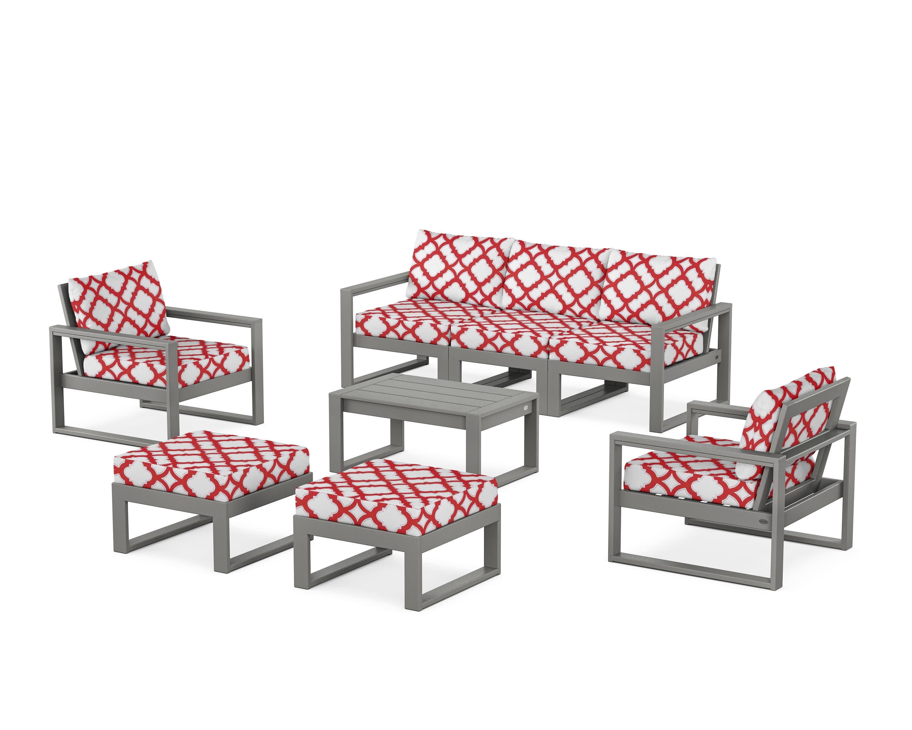 EDGE Sectional 8-Piece Lounge Sofa Set in Slate Grey / Trellis Crimson