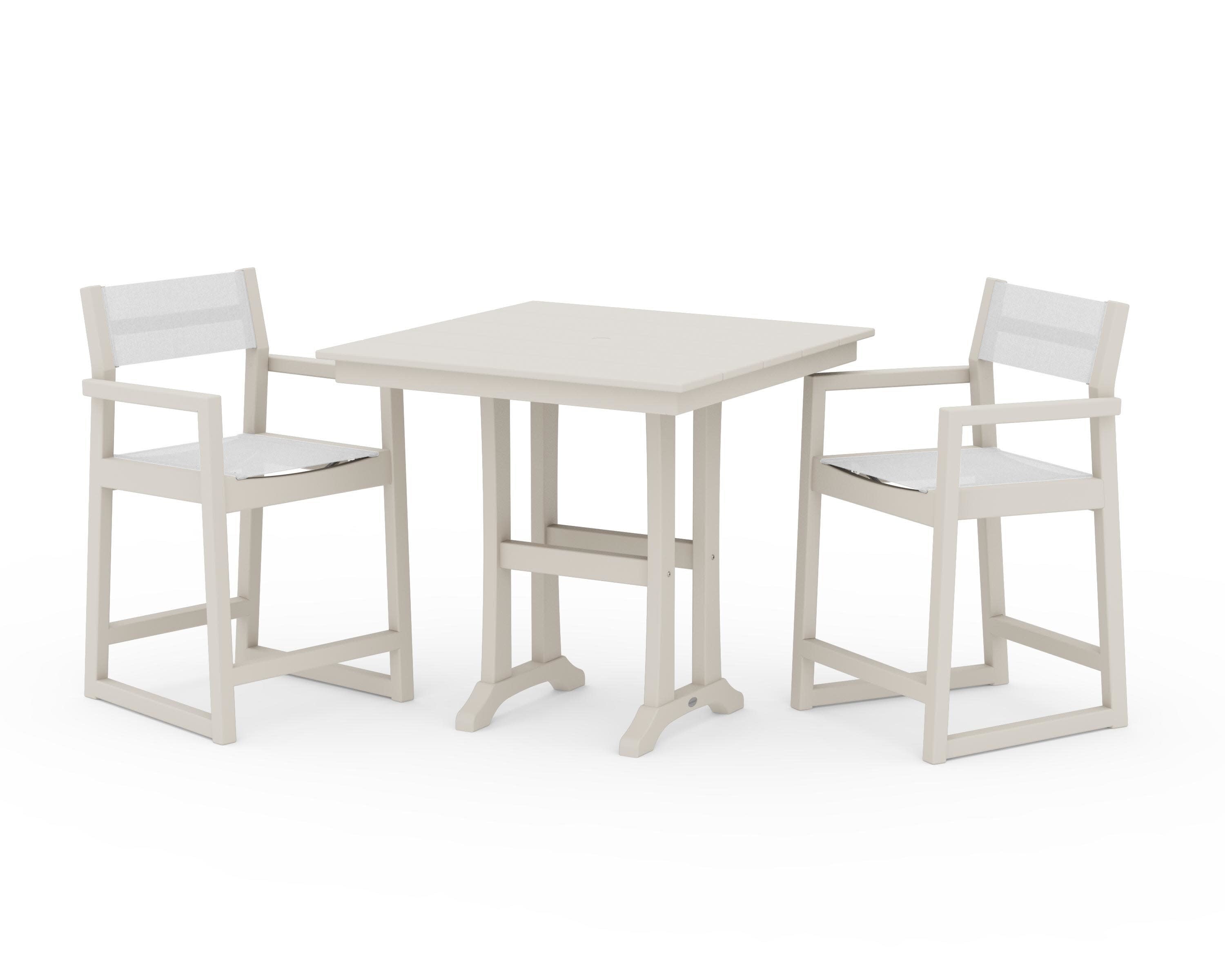 EDGE Sling Arm Chair 3-Piece Farmhouse Counter Set with Trestle Legs in Sand / White Sling