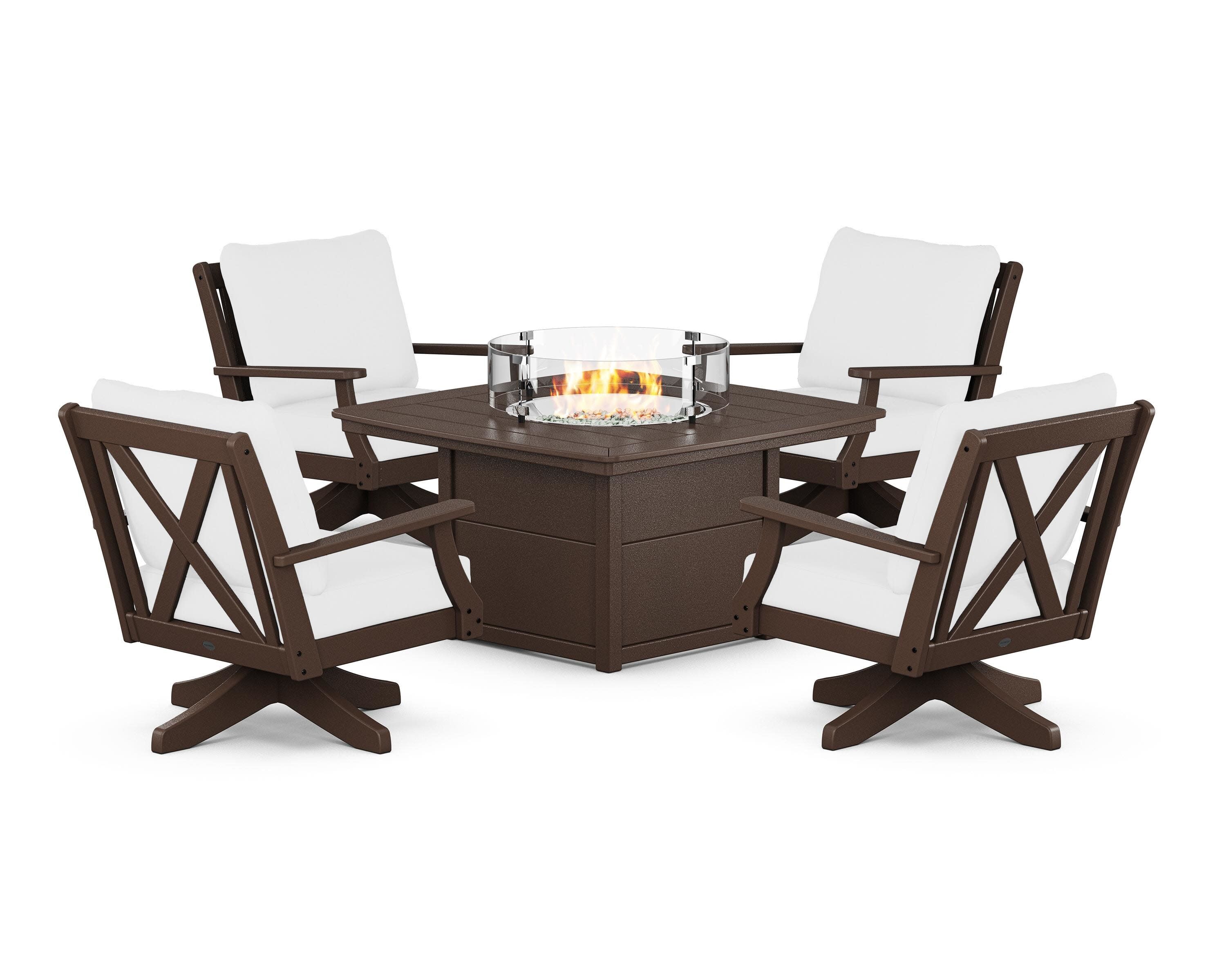 Braxton 5-Piece Deep Seating Swivel Conversation Set with Fire Pit Table in Mahogany / Natural