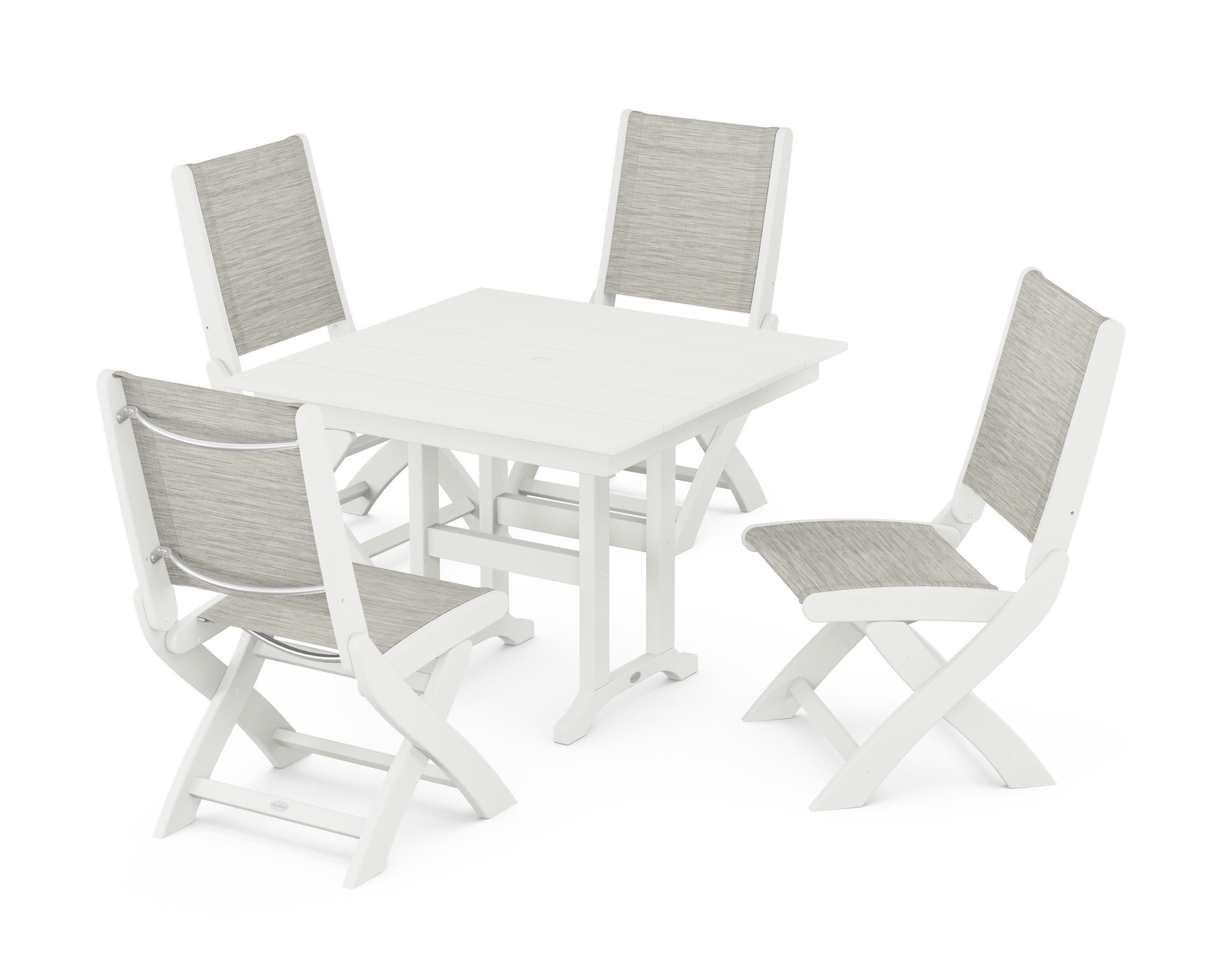 Coastal Folding Side Chair 5-Piece Farmhouse Dining Set in Vintage White / Birch Sling