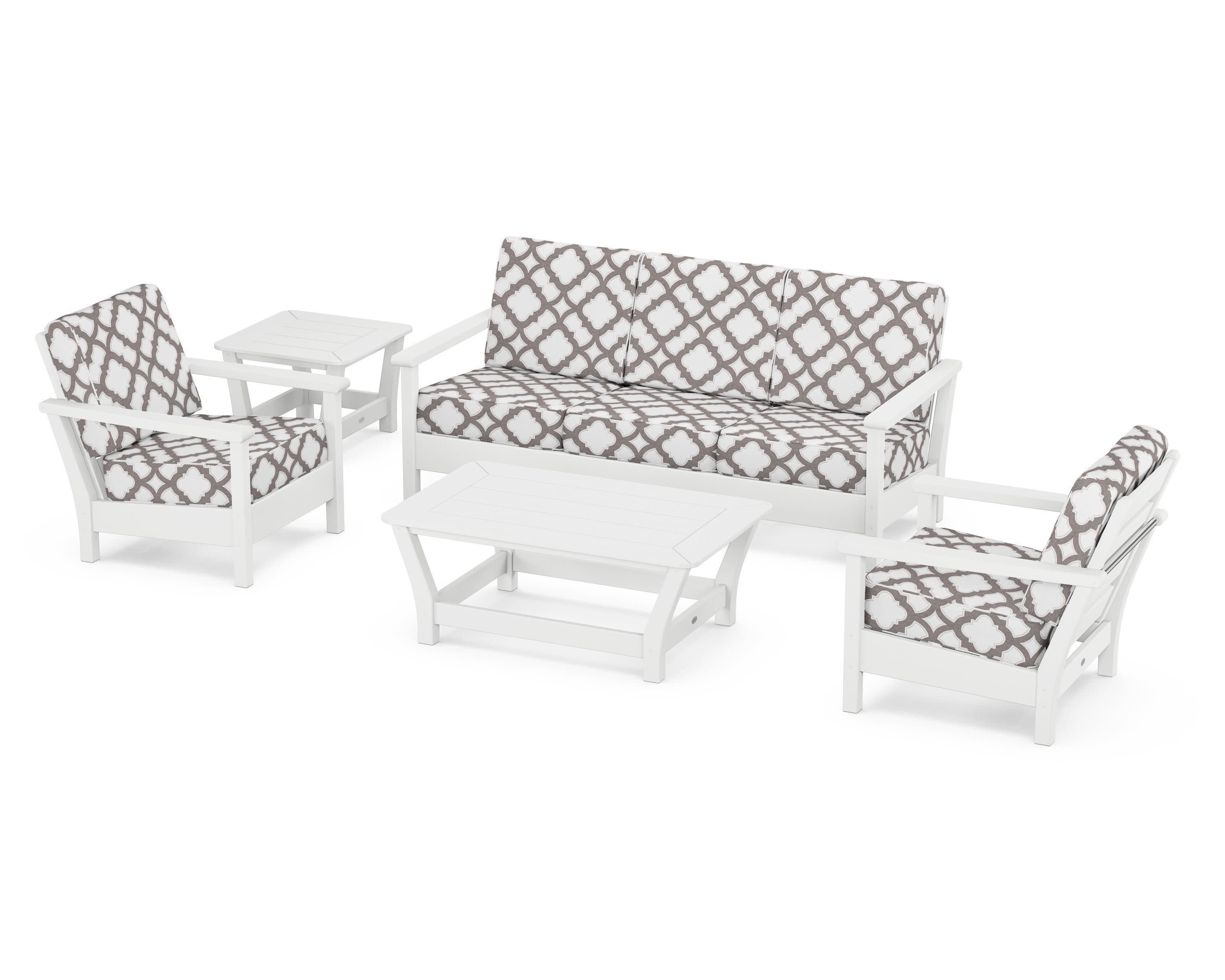 Harbour 5-Piece Deep Seating Set in White / Trellis Grey Mist