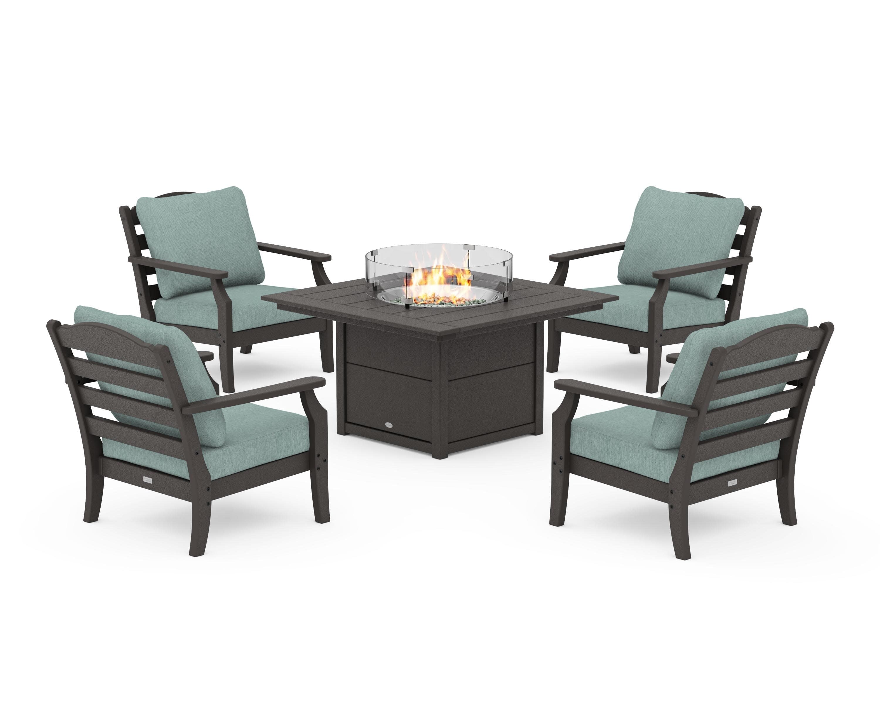 Savannah 5-Piece Deep Seating Set with Fire Pit Table in Vintage Coffee / Glacier Spa