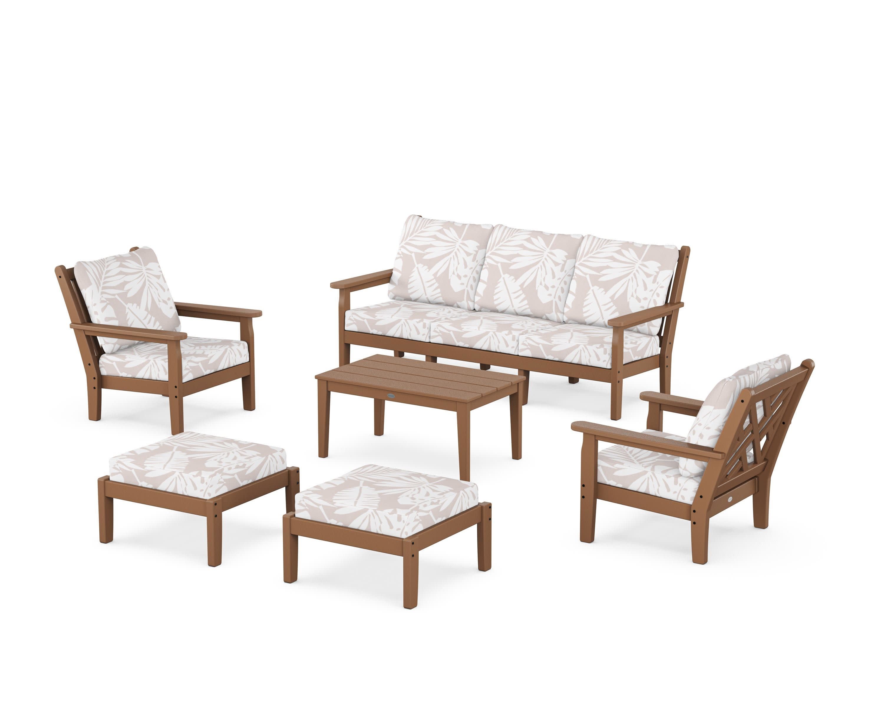 Chippendale 6-Piece Lounge Sofa Set in Teak / Leaf Dune Burlap