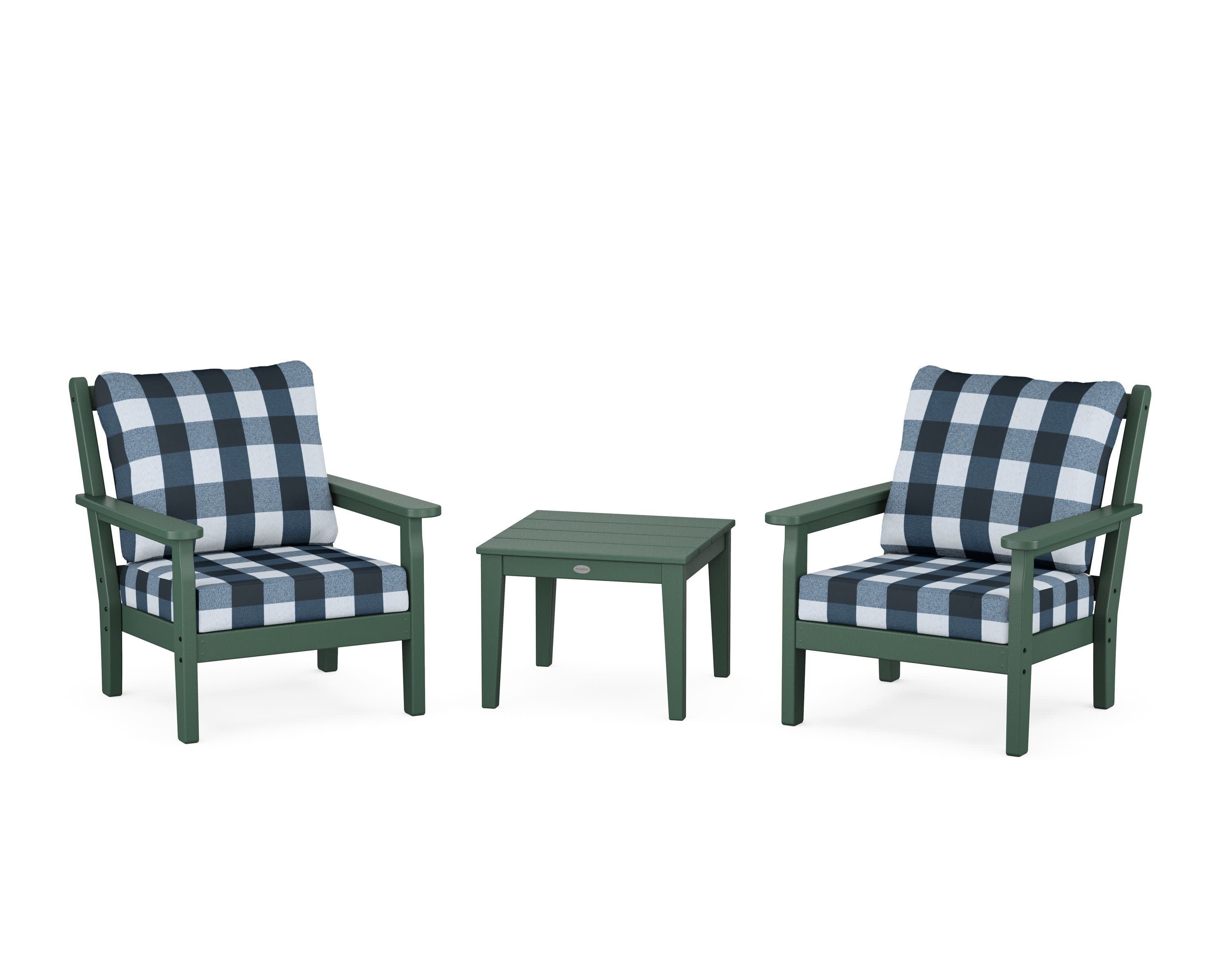 Chippendale 3-Piece Deep Seating Set in Green / Buffalo Plaid Marine Indigo