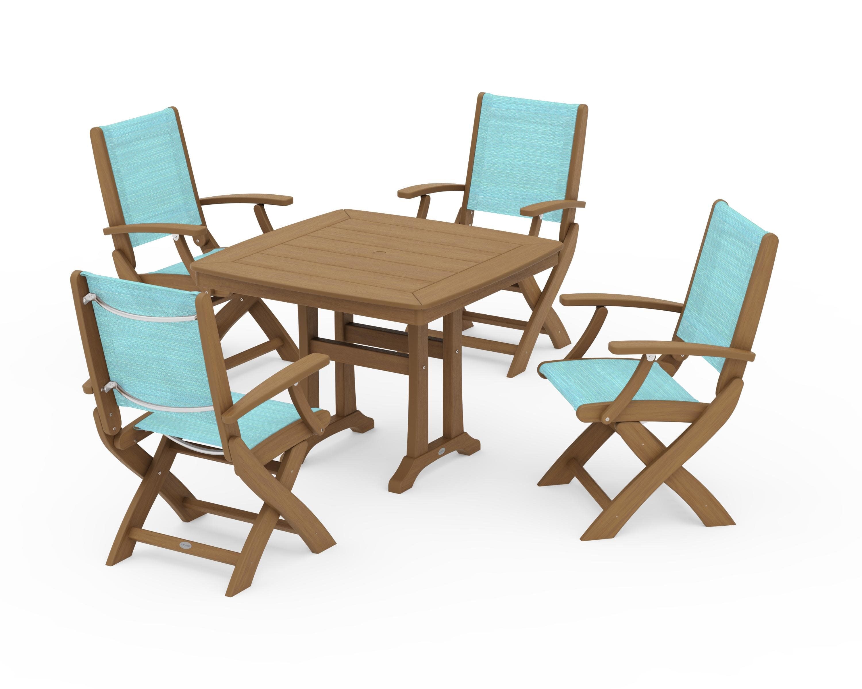 Coastal Folding Chair 5-Piece Dining Set with Trestle Legs in Natural / Dupioni Aquamarine Sling