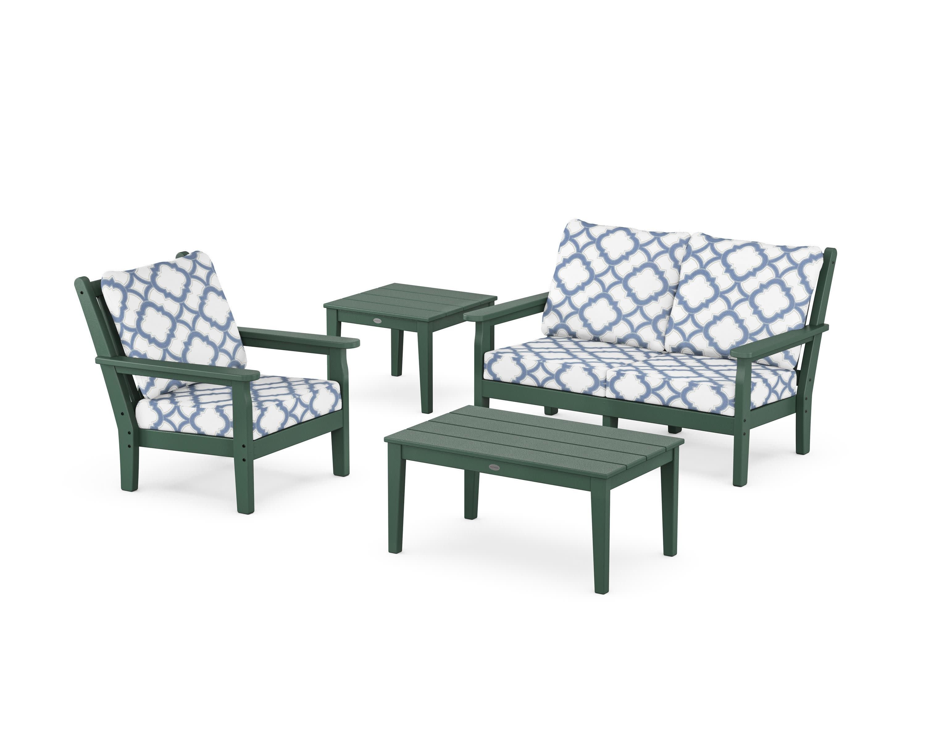 Chippendale 4-Piece Deep Seating Set in Green / Trellis Sky Blue