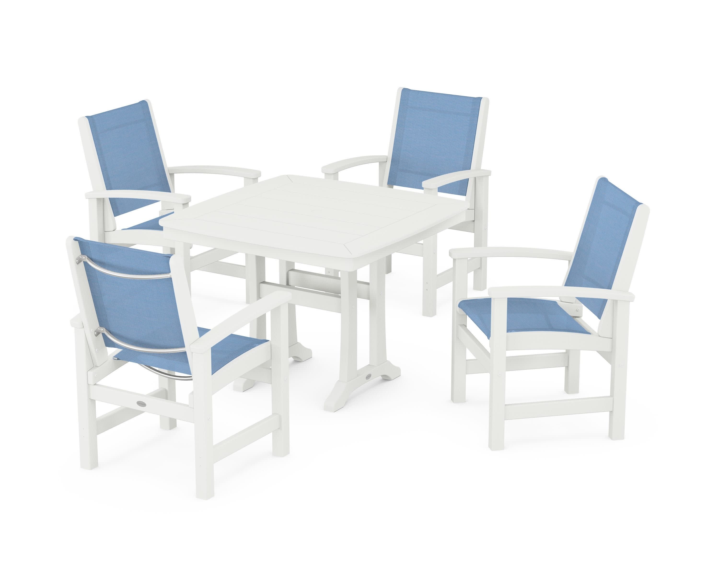 Coastal 5-Piece Dining Set with Trestle Legs in Vintage White / Poolside Sling