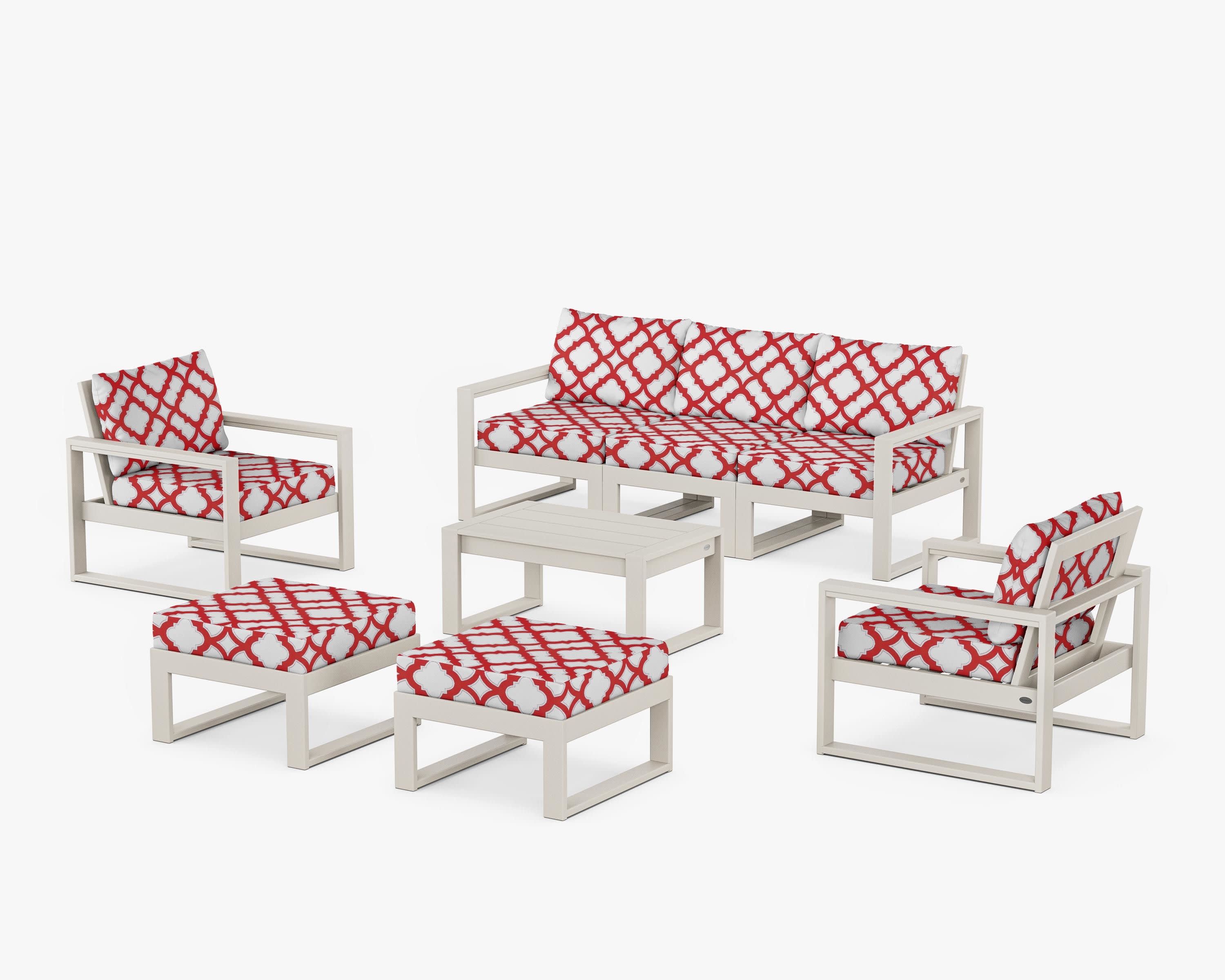 EDGE Sectional 8-Piece Lounge Sofa Set in Sand / Trellis Crimson