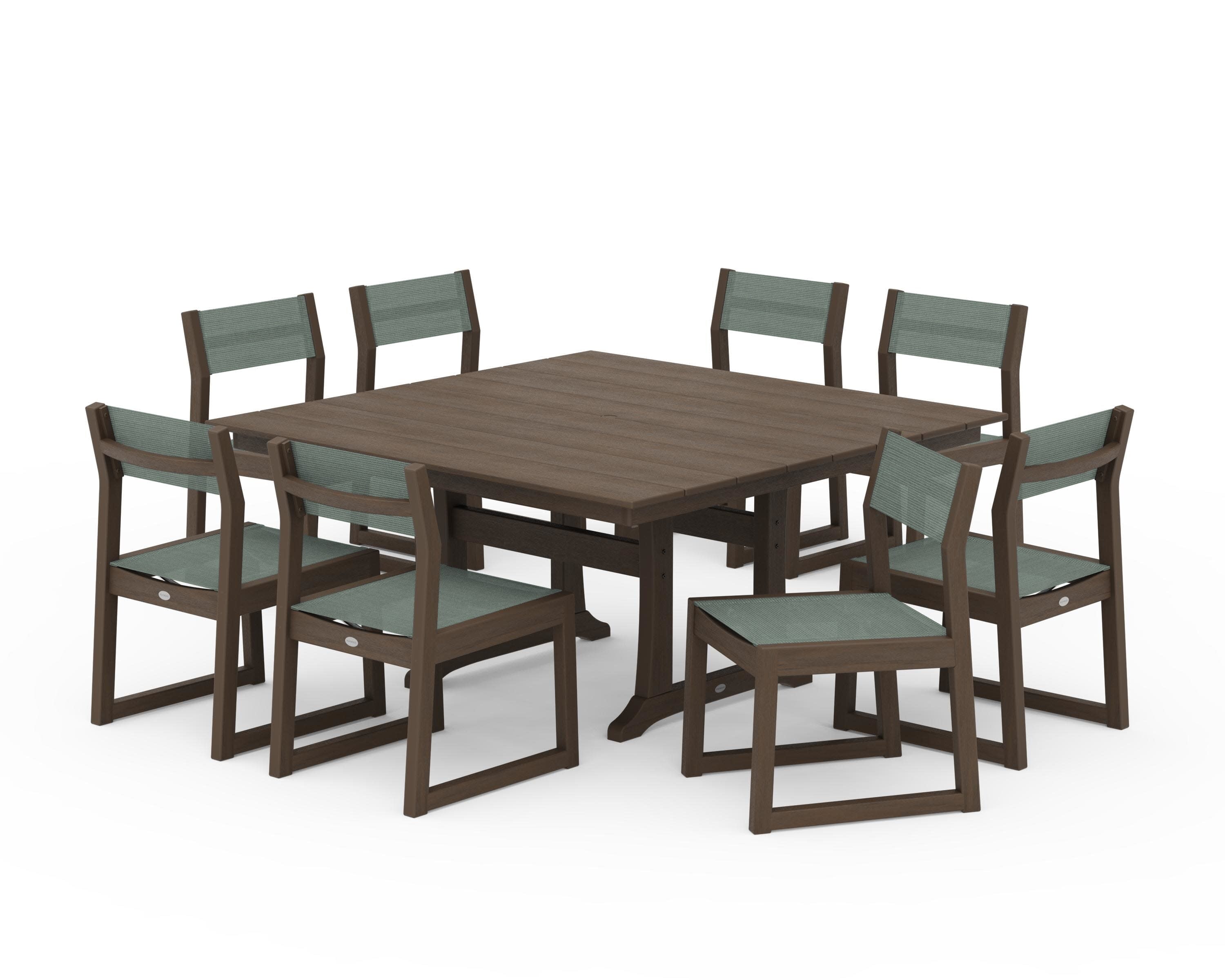 EDGE Sling Side Chair 9-Piece Farmhouse Trestle Dining Set in Kona / Dupioni Sea Mist Sling