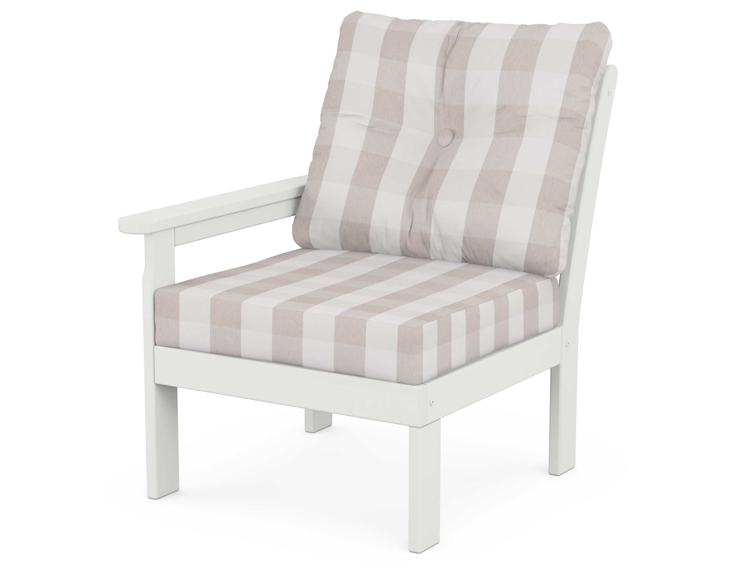 Vineyard Modular Left Arm Chair in White / Buffalo Plaid Dune Burlap