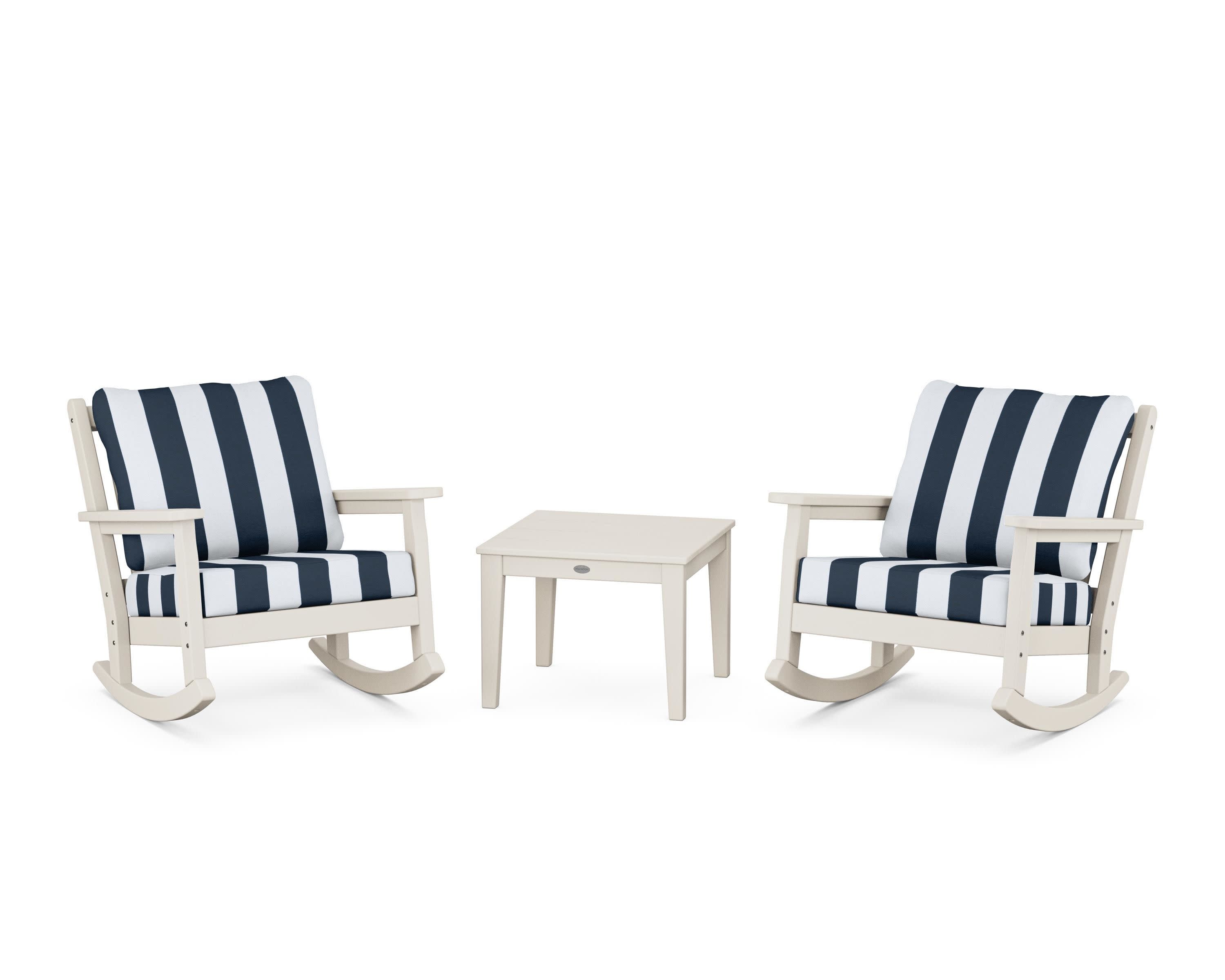 Chippendale 3-Piece Deep Seating Rocker Set in Sand / Cabana Stripe Marine Indigo