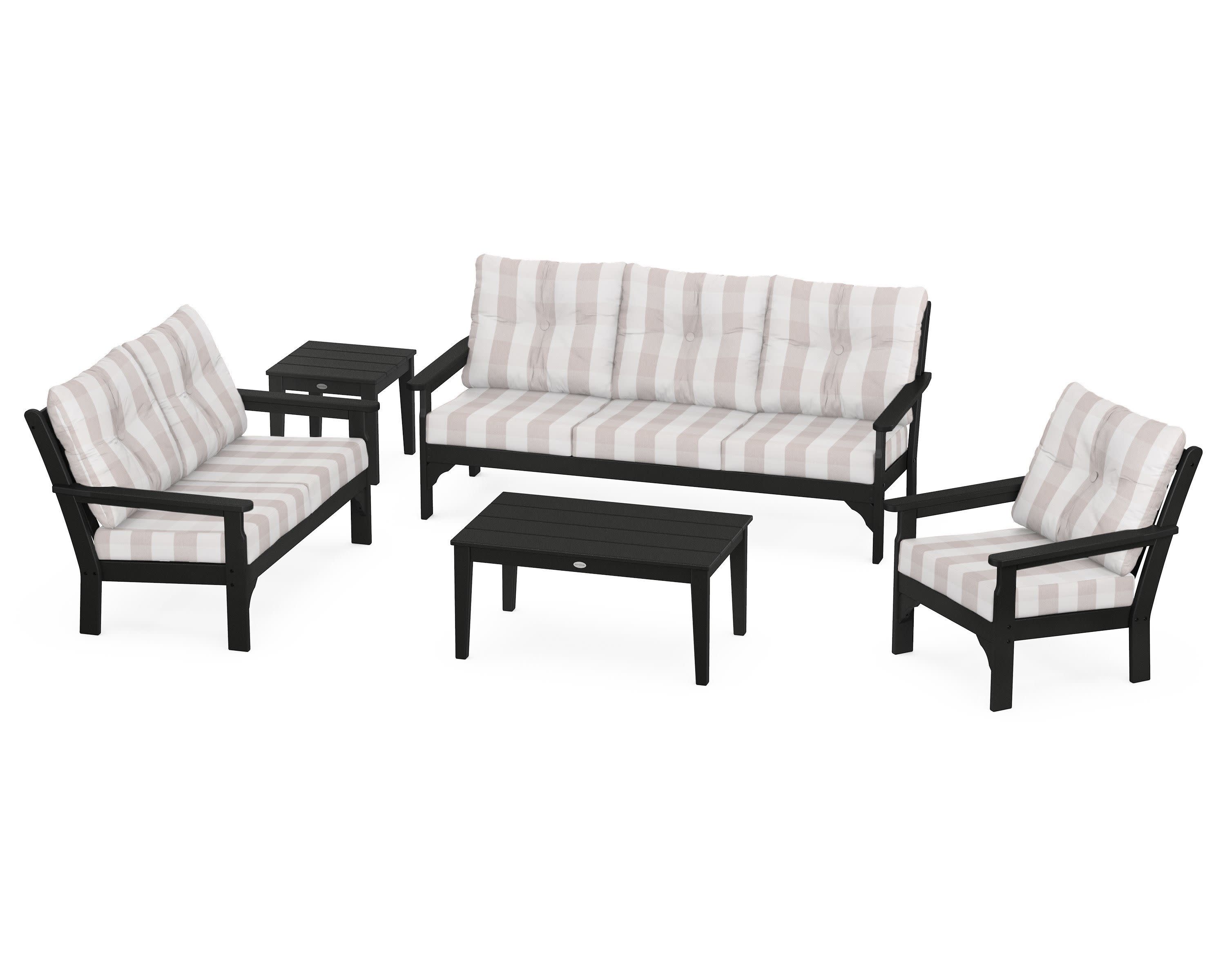Vineyard 5 Piece Deep Seating Set in Black / Buffalo Plaid Dune Burlap