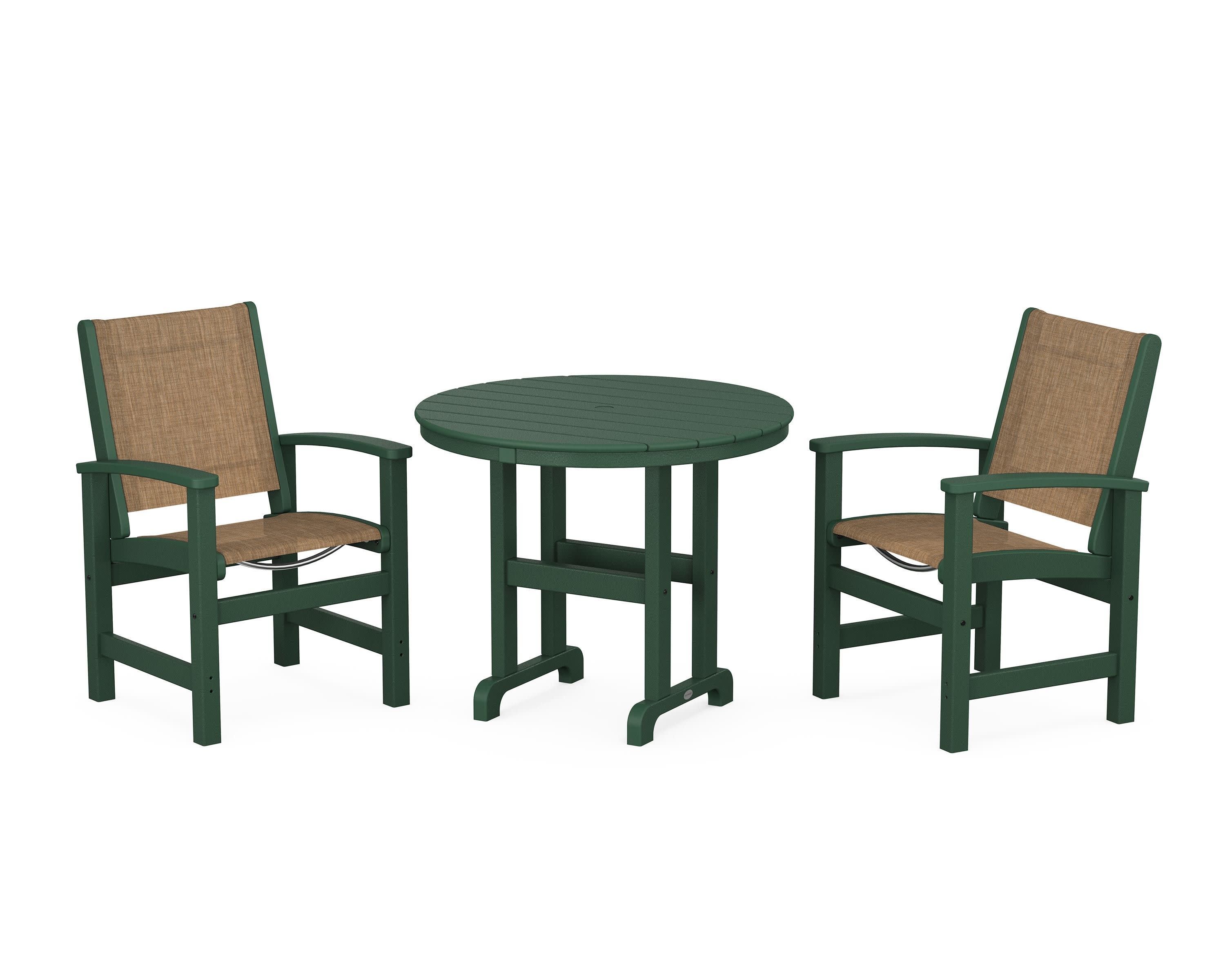 Coastal 3-Piece Round Dining Set in Green / Burlap Sling