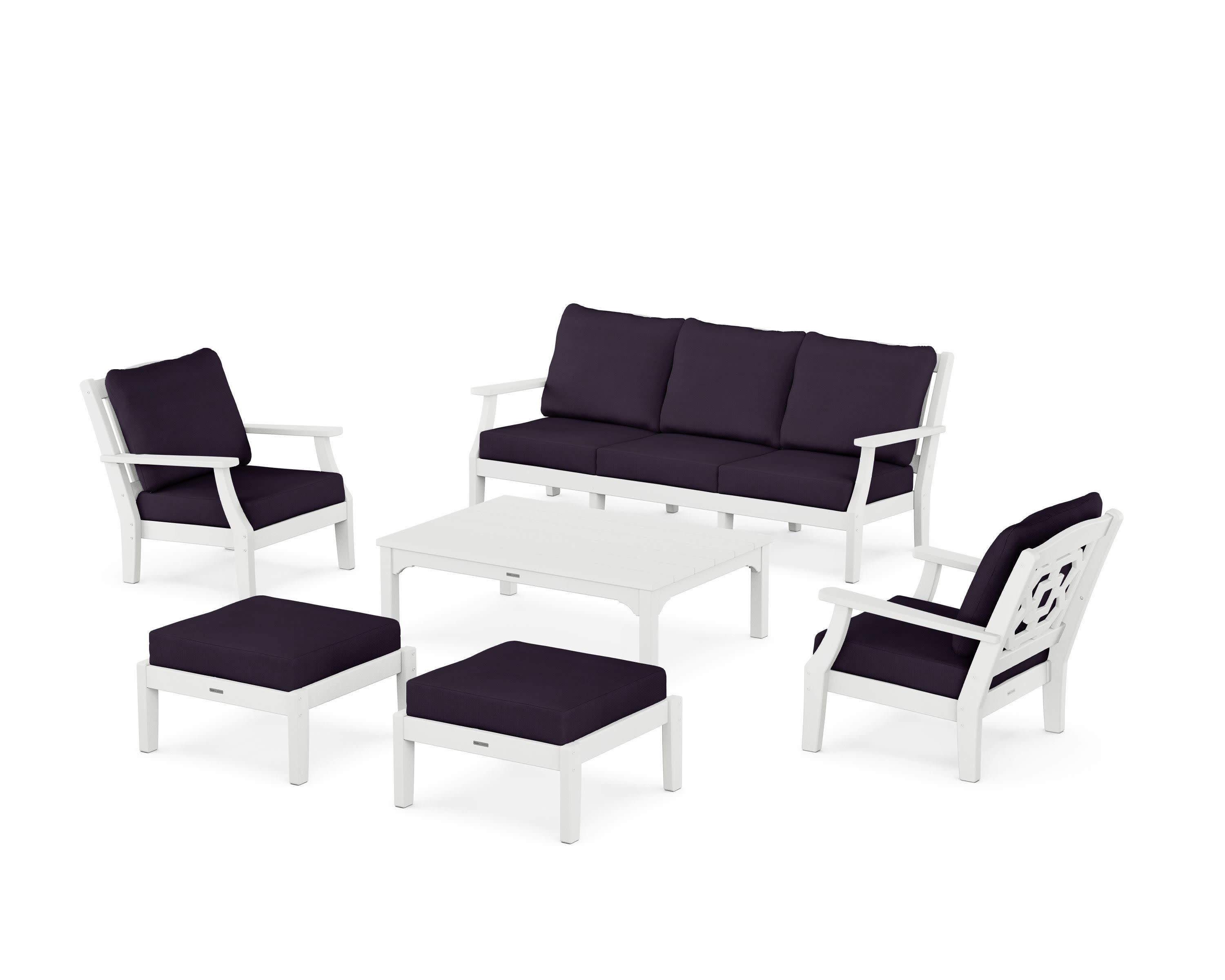 Chinoiserie 6-Piece Lounge Sofa Set in White / Navy Linen