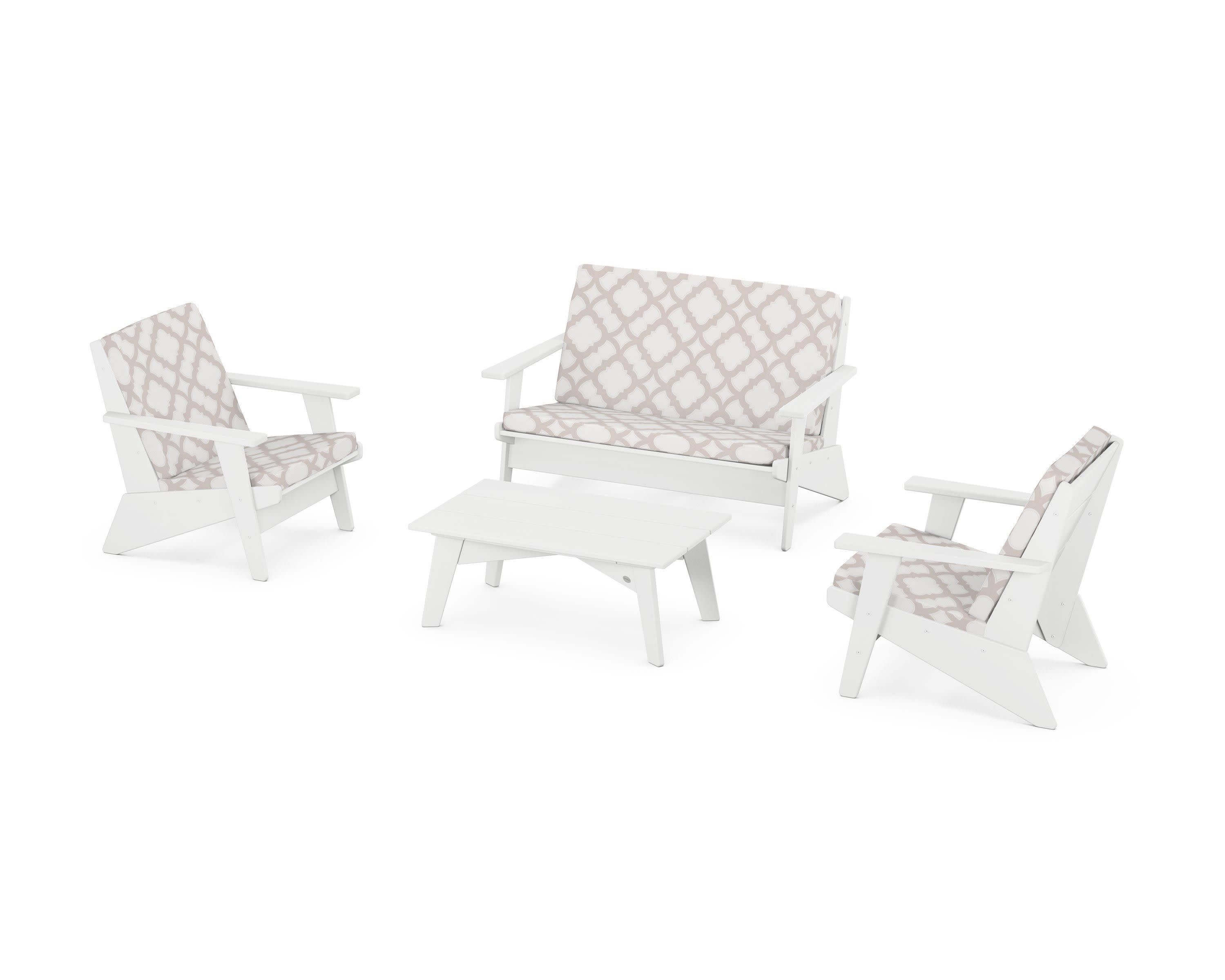 Riviera Modern Lounge 4-Piece Set in White / Trellis Dune Burlap