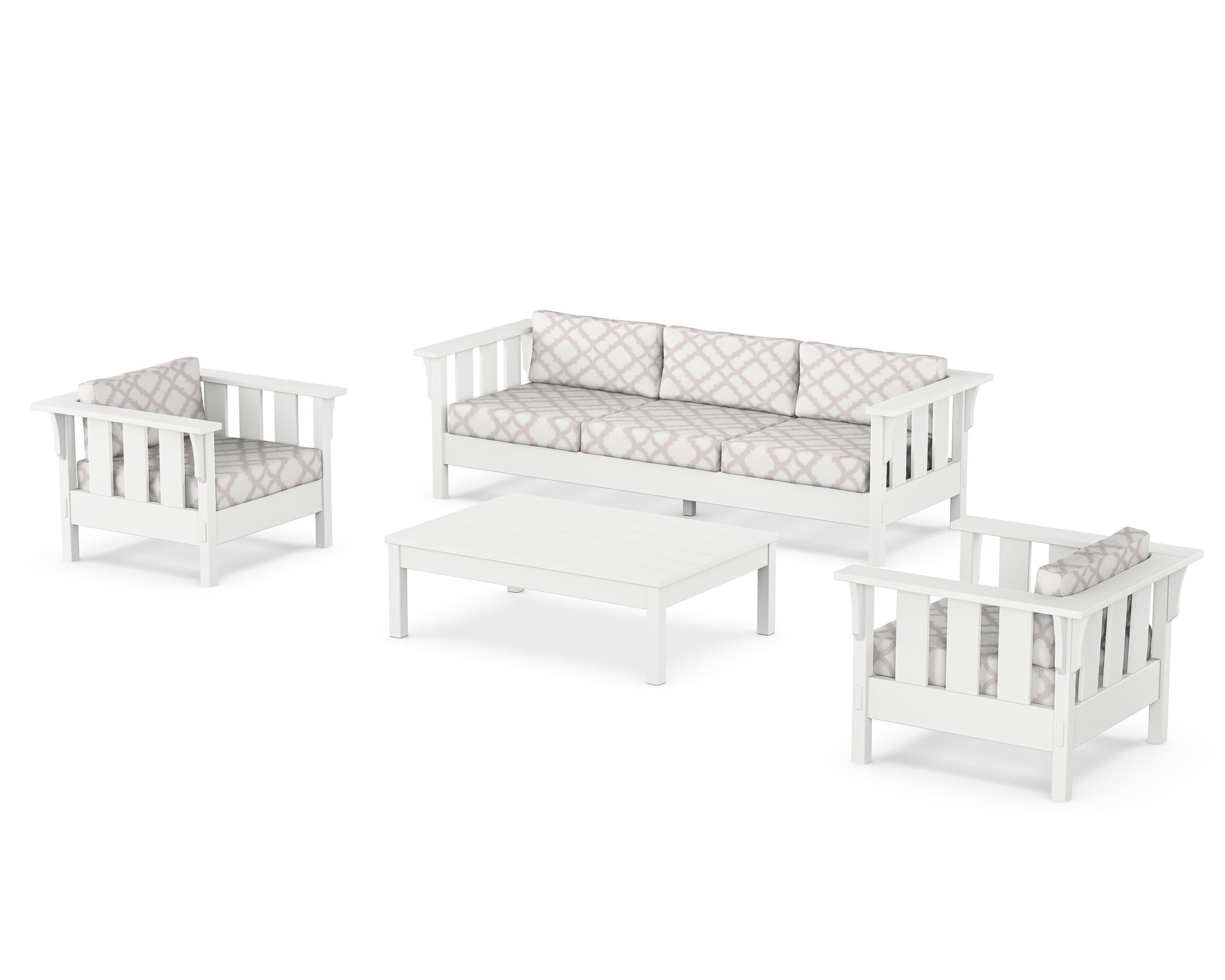 Acadia 4-Piece Deep Seating Set with Sofa in White / Trellis Dune Burlap