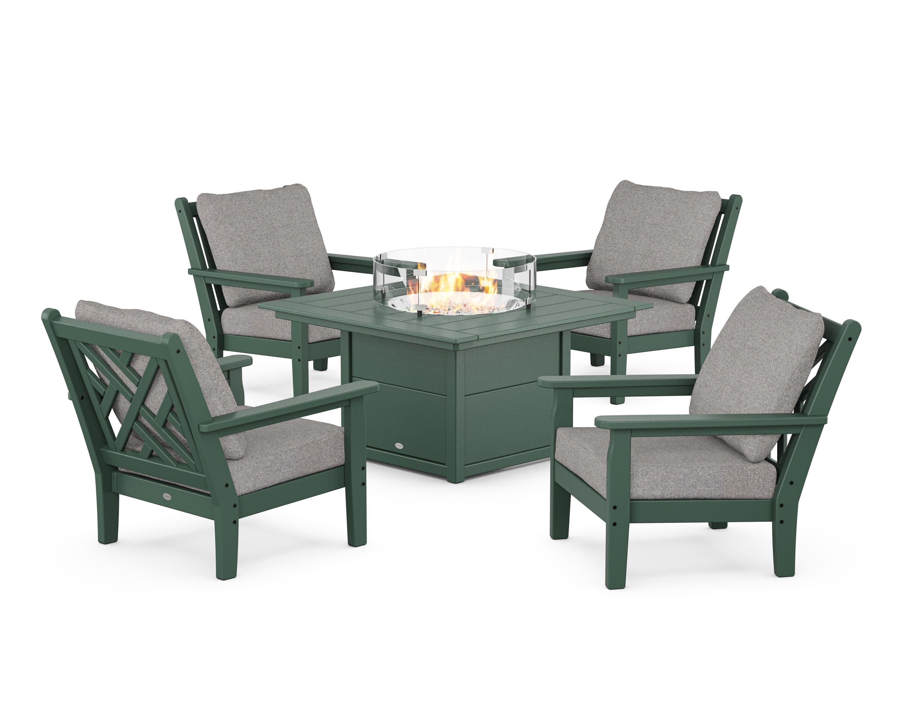 Chippendale 5-Piece Deep Seating Set with Fire Pit Table in Green / Grey Mist