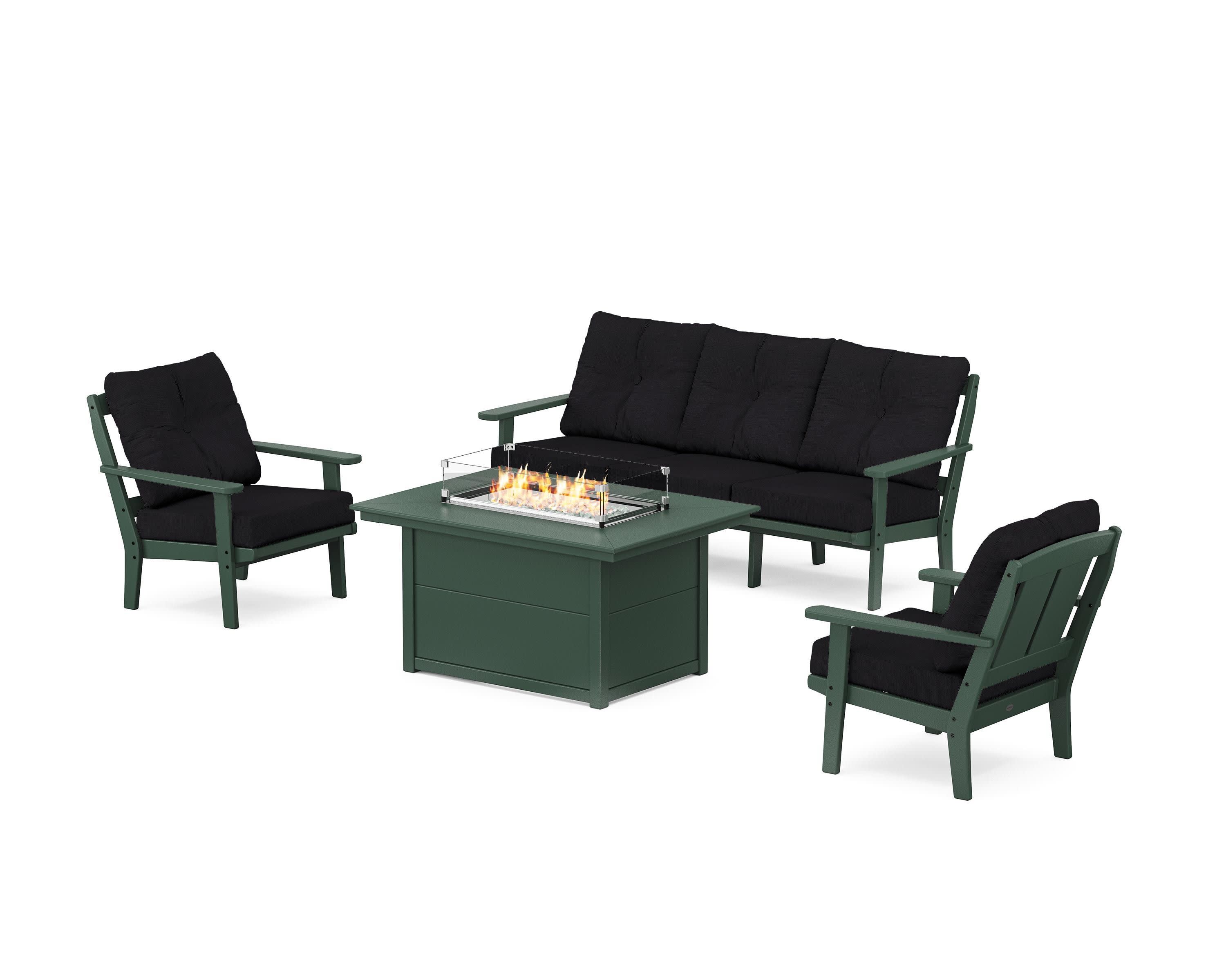 Mission Deep Seating Fire Pit Table Set in Green / Midnight Linen