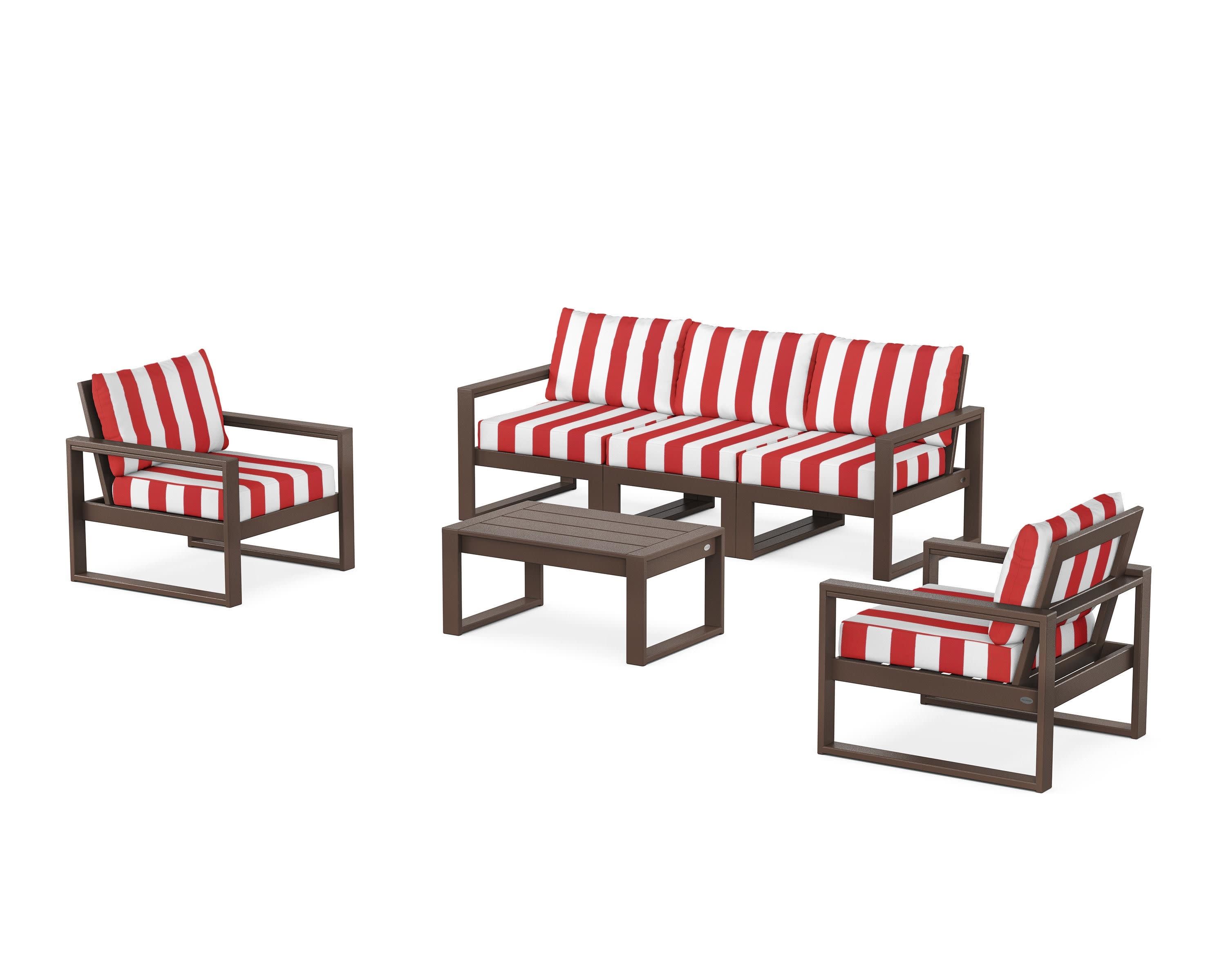 EDGE Sectional 4-Piece Deep Seating Set with Sofa in Mahogany / Cabana Stripe Crimson