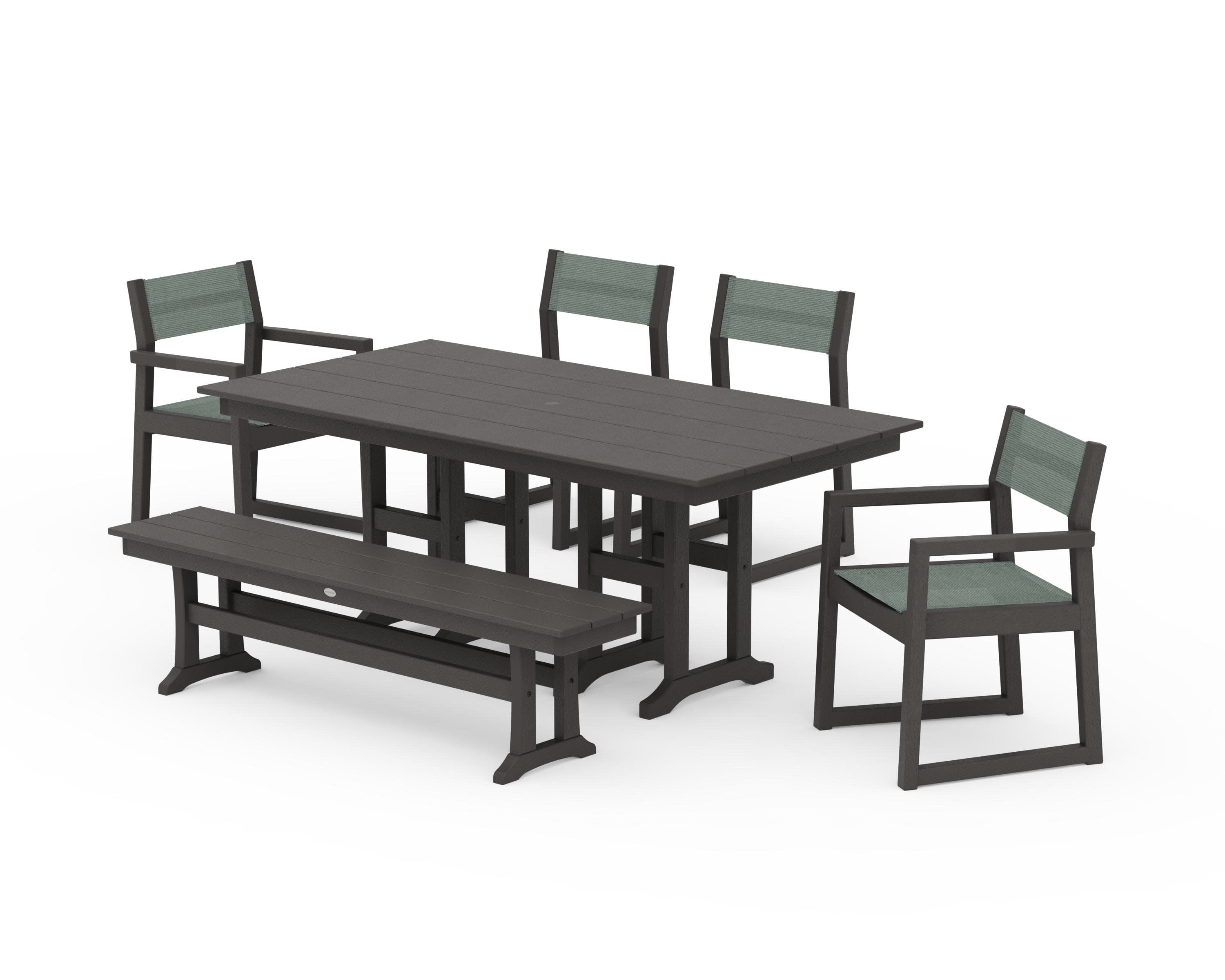 EDGE Sling 6-Piece Farmhouse Dining Set in Vintage Coffee / Dupioni Sea Mist Sling