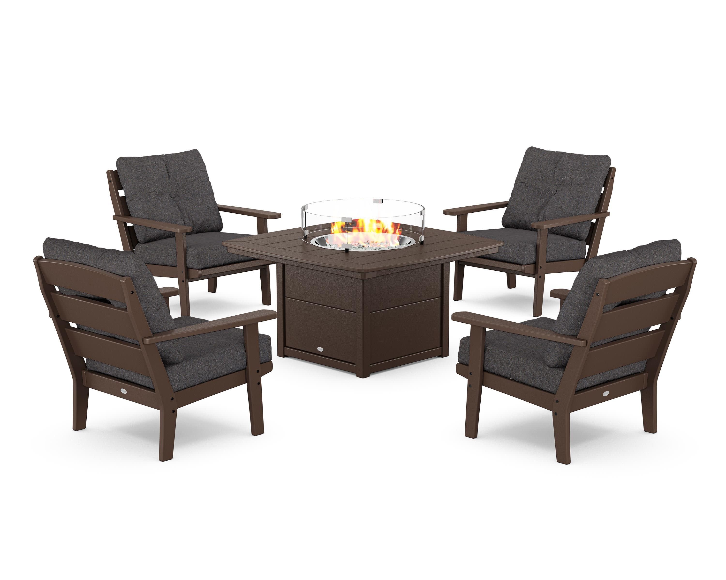 Lakeside 5-Piece Deep Seating Set with Nautical Fire Pit Table in Mahogany / Ash Charcoal
