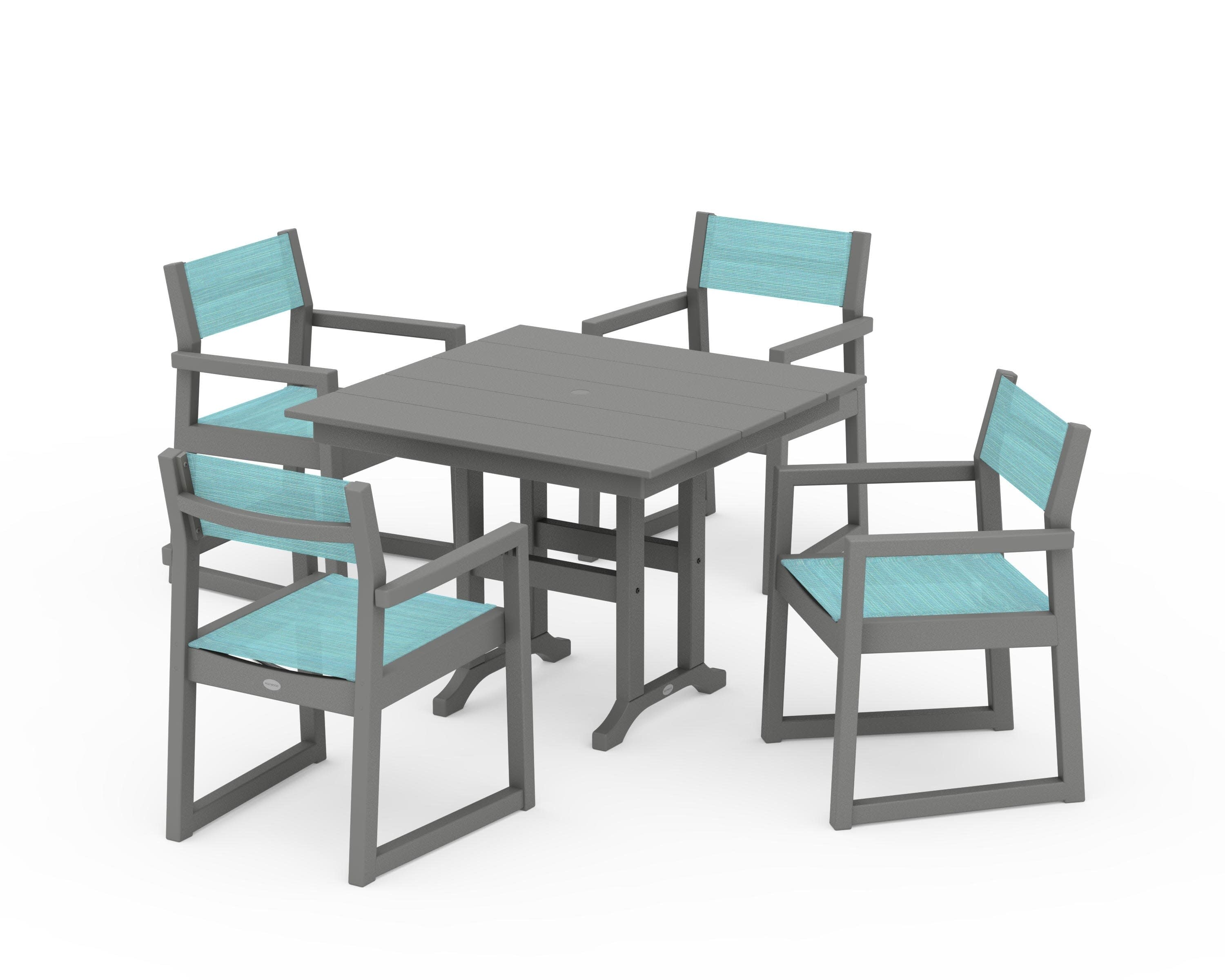 EDGE Sling Arm Chair 5-Piece Farmhouse Dining Set in Slate Grey / Dupioni Aquamarine Sling
