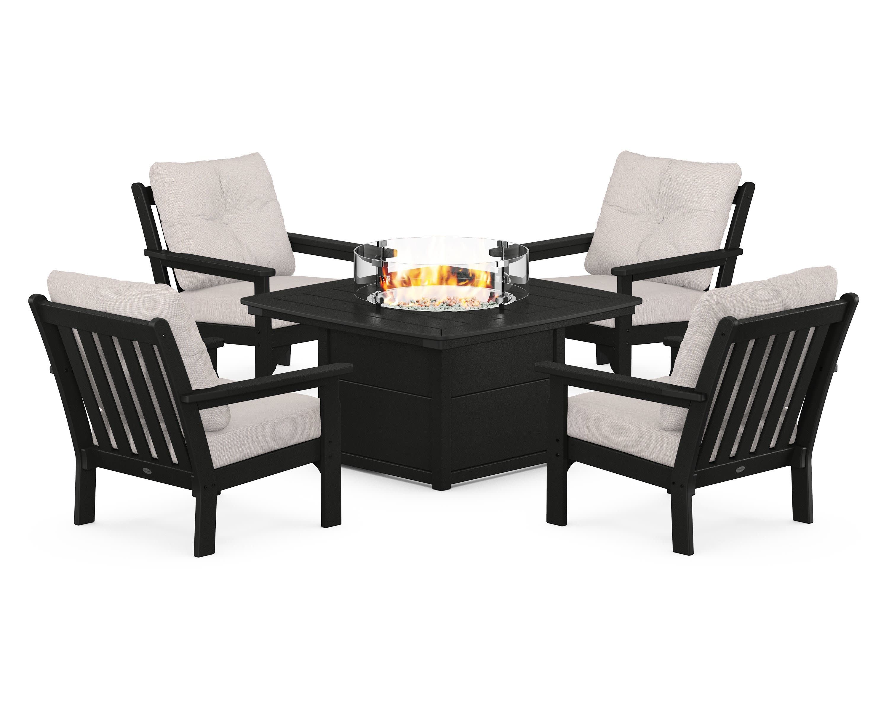Vineyard 5-Piece Conversation Set with Fire Pit Table in Black / Dune Burlap